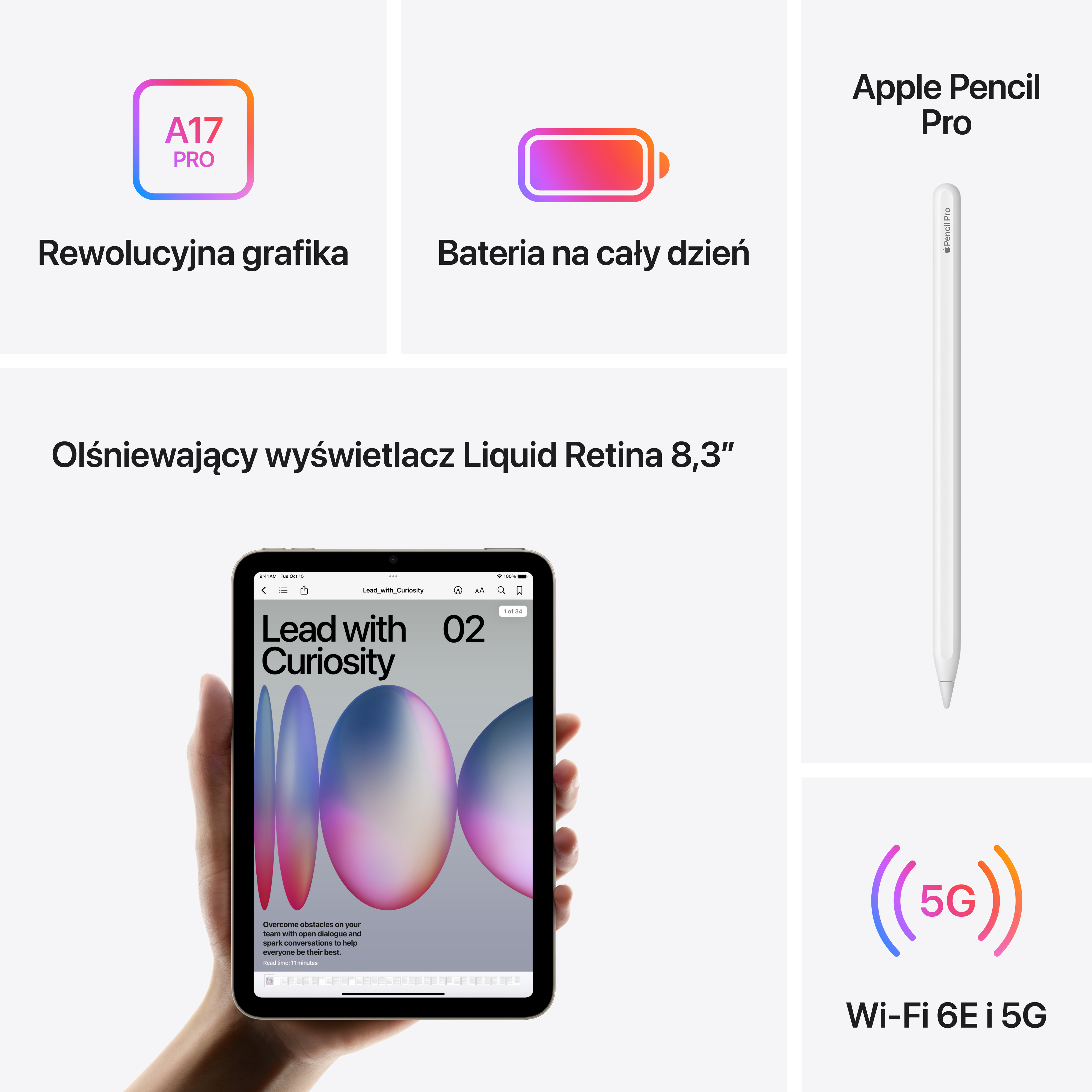 Przegląd produktu iPad Mini z czipem A17 Pro, baterią, wyświetlaczem Liquid Retina, Apple Pencil Pro i 5G.