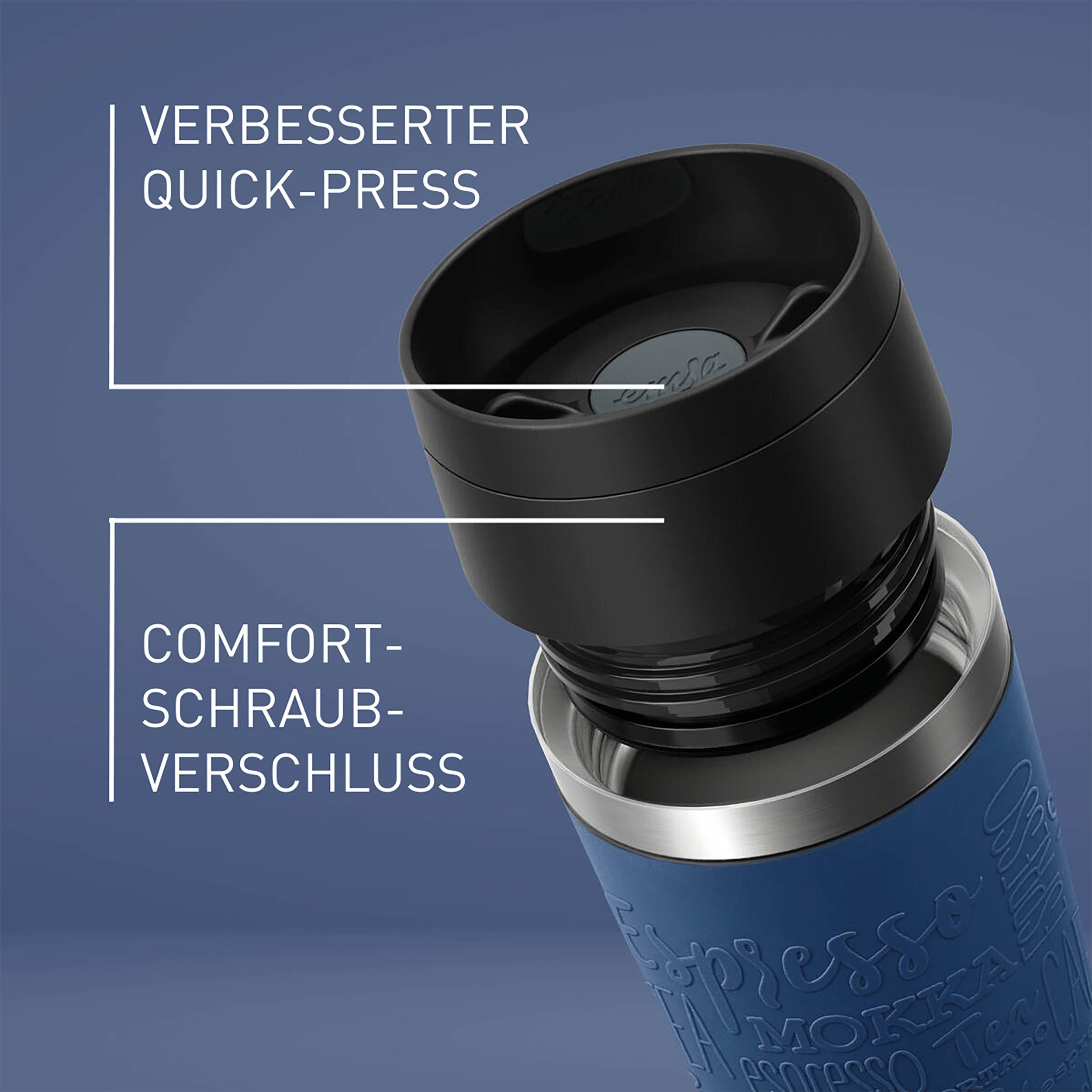 Blau-silberner Reisebecher mit Textetiketten.