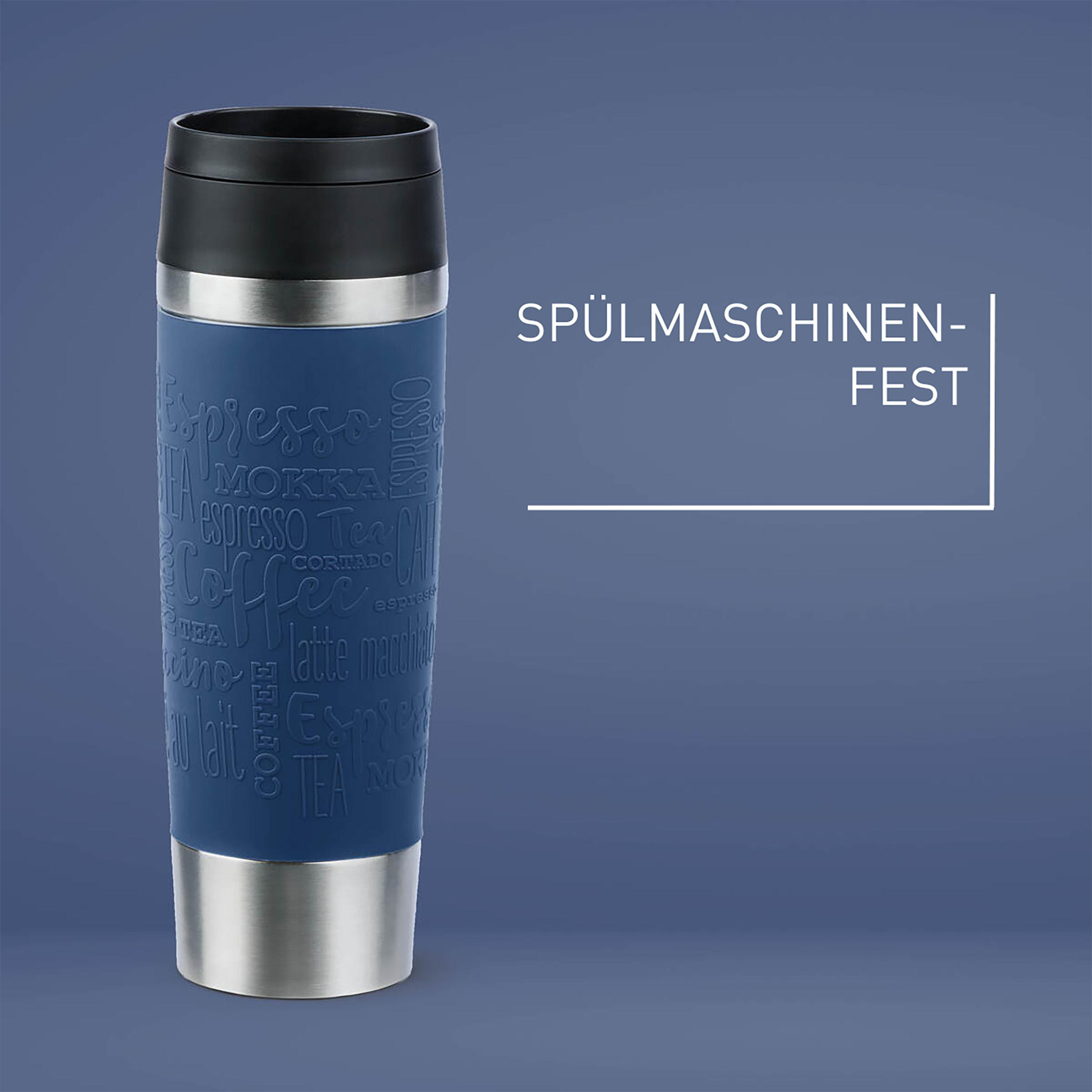 Blauer Reisebecher mit schwarzem Deckel. Die Wörter 'Espresso', 'Kaffee' stehen auf dem Becher.