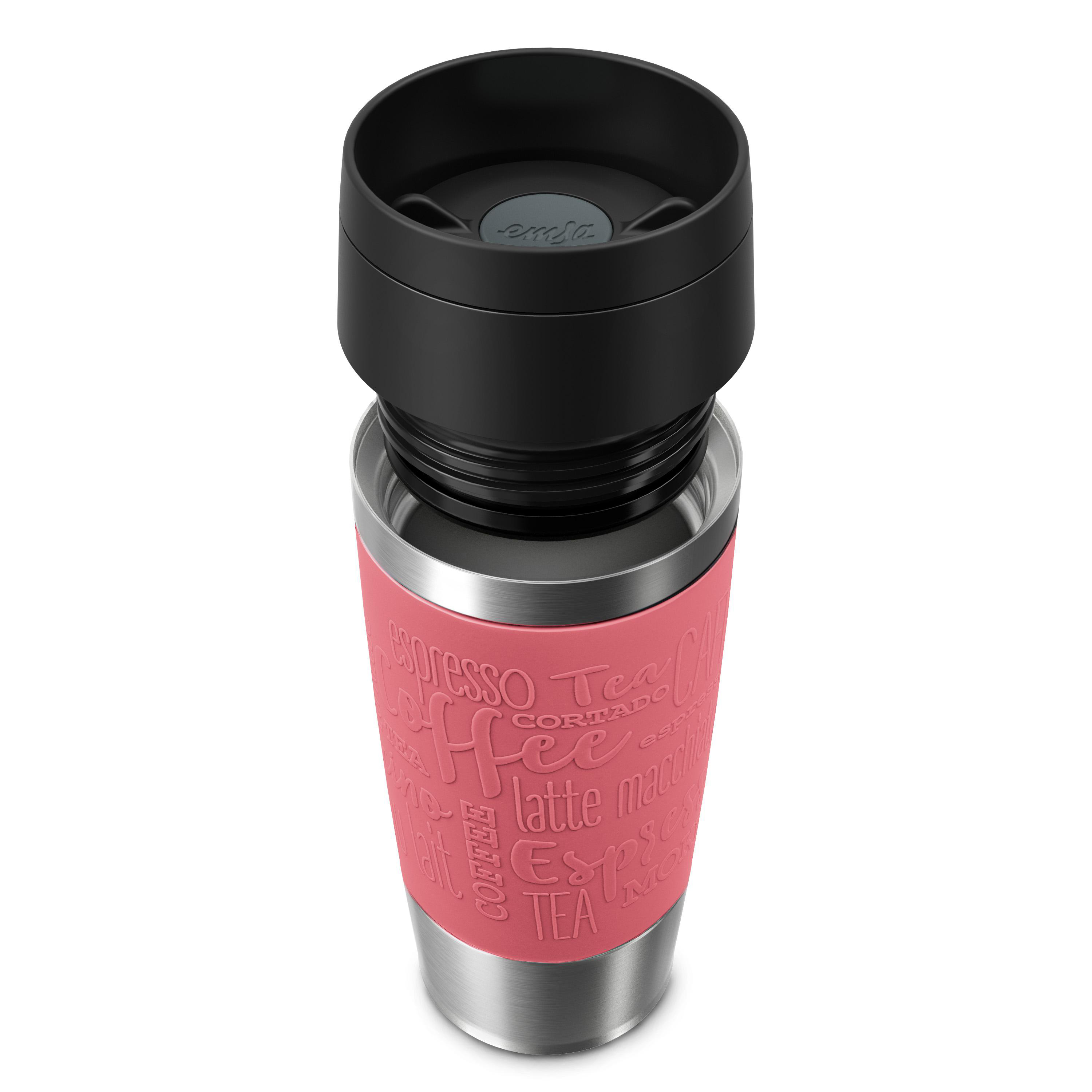 Eine Thermoskanne mit einem rosa Gummi-Griff. Der Becher ist aus Edelstahl, der Deckel ist schwarz.