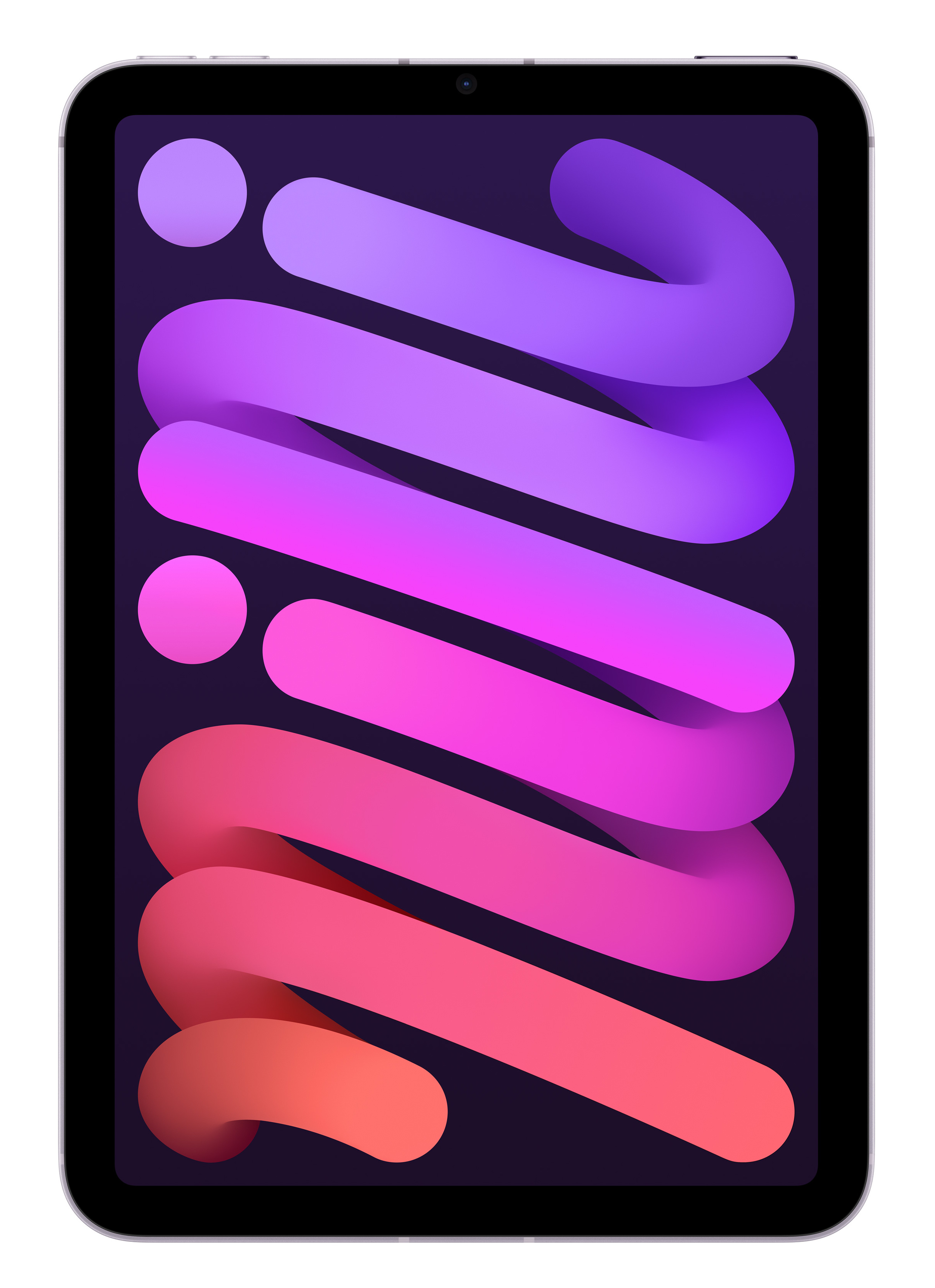 Srebrny iPad Mini z kolorową, abstrakcyjną tapetą wyświetlaną na ekranie.