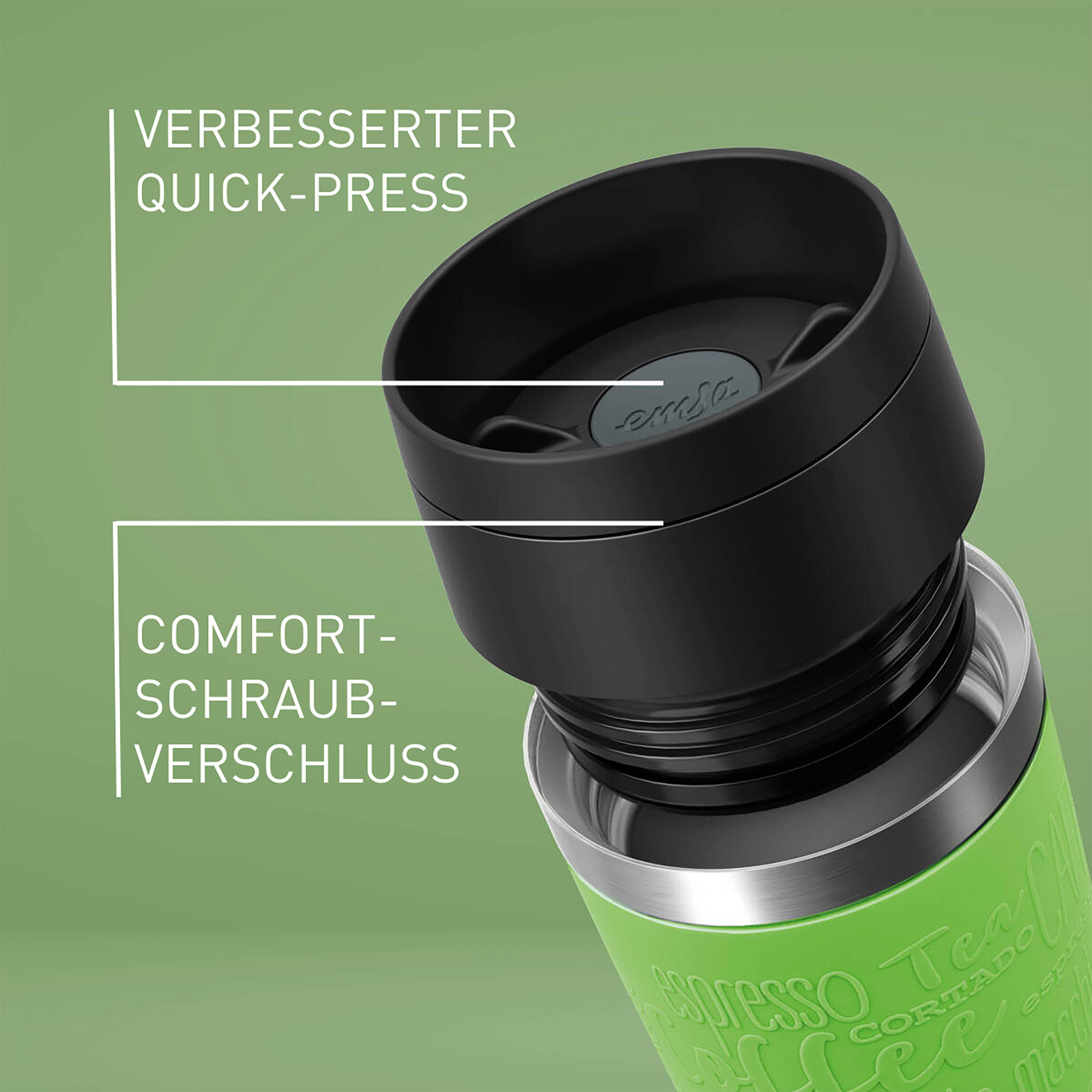 Grüner und schwarzer Reisebecher mit beschrifteten Merkmalen. Der Becher hat einen grünen Körper.