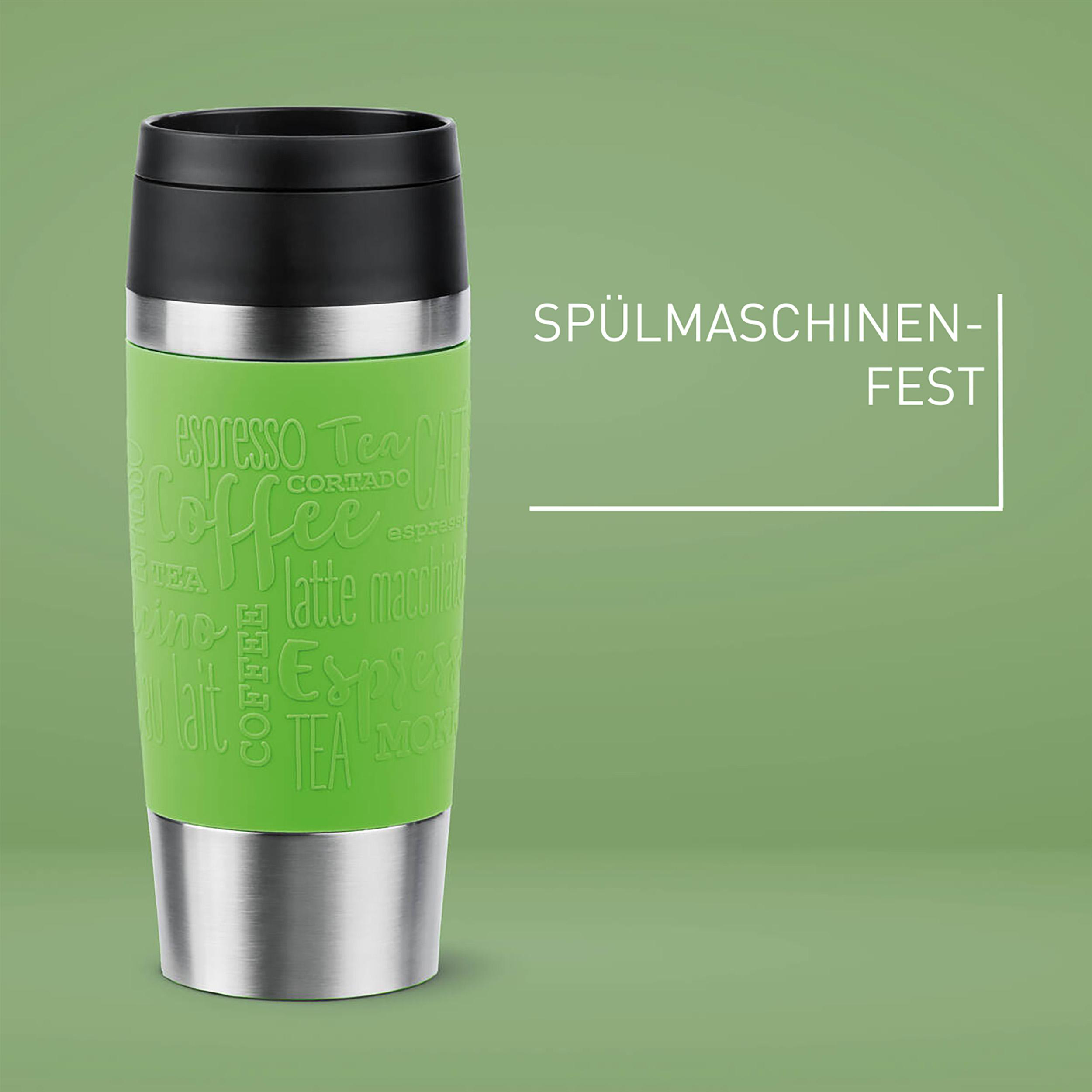 Grüner Reisebecher mit schwarzem Deckel und silbernem Boden. Text sagt: Spülmaschinenfest und Espresso, Kaffee, Tee.