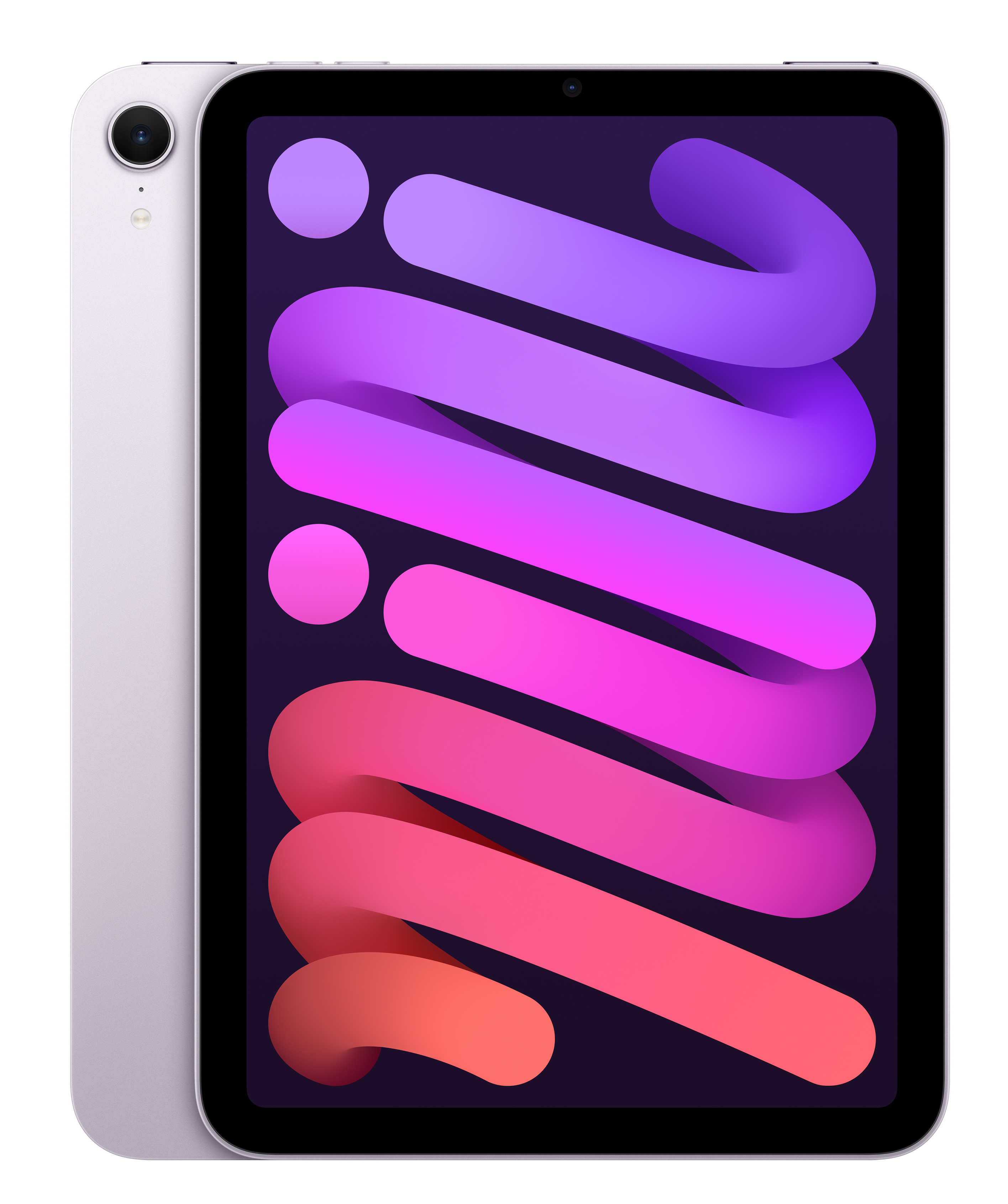 Srebrny iPad Mini. Ekran wyświetla kolorowe, abstrakcyjne kształty. Aparat z tyłu. Białe tło.
