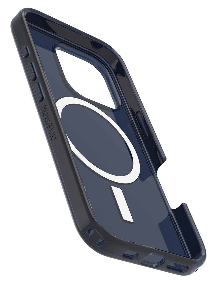 Átlátszó telefontok belső fehér körrel és fekete Otterbox körvonallal.