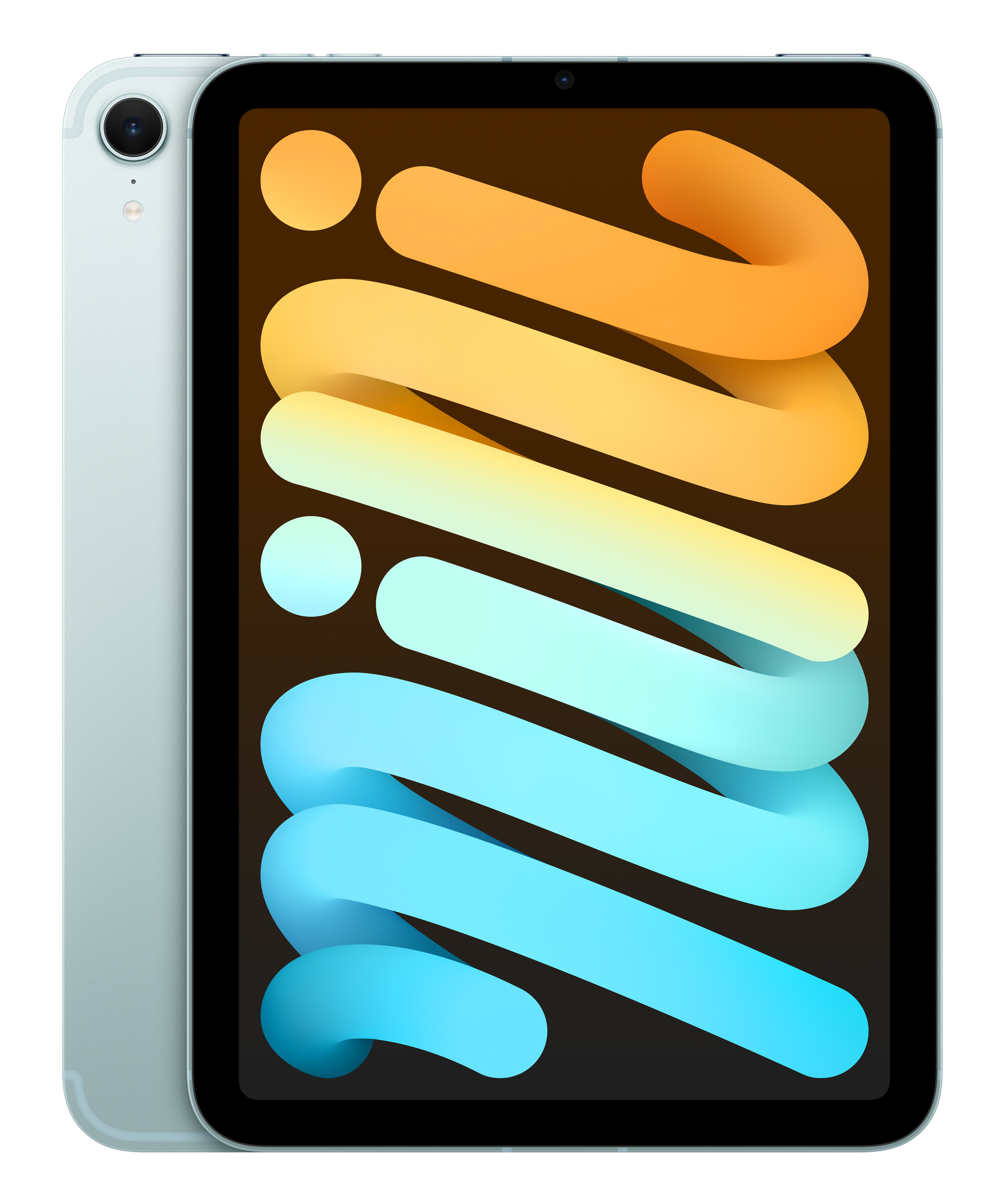 Jasnoniebieski iPad Mini z aparatem w lewym górnym rogu. Ekran pokazuje gradient.