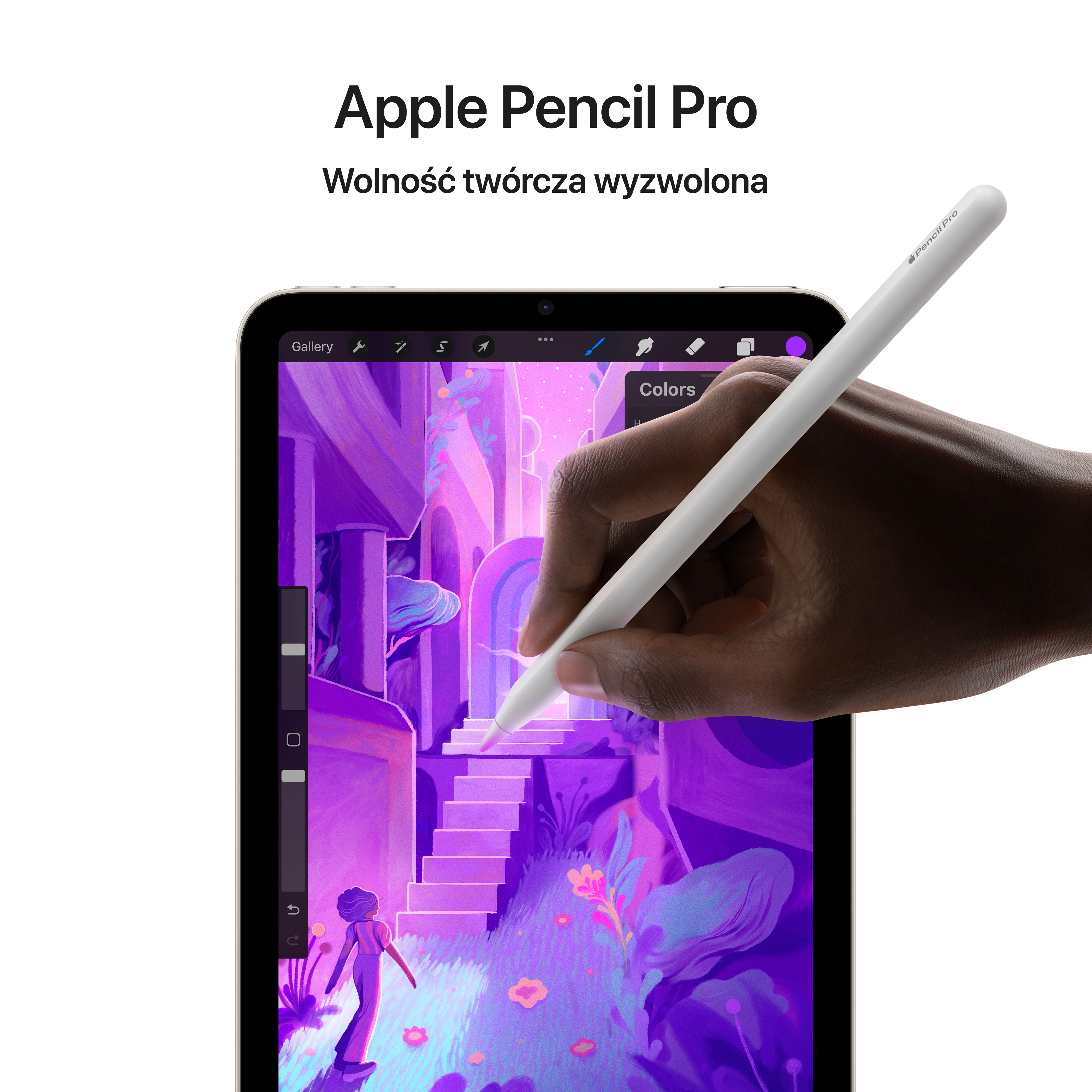 Dłoń trzymająca biały rysik nad tabletem, u góry tekst "Apple Pencil Pro".