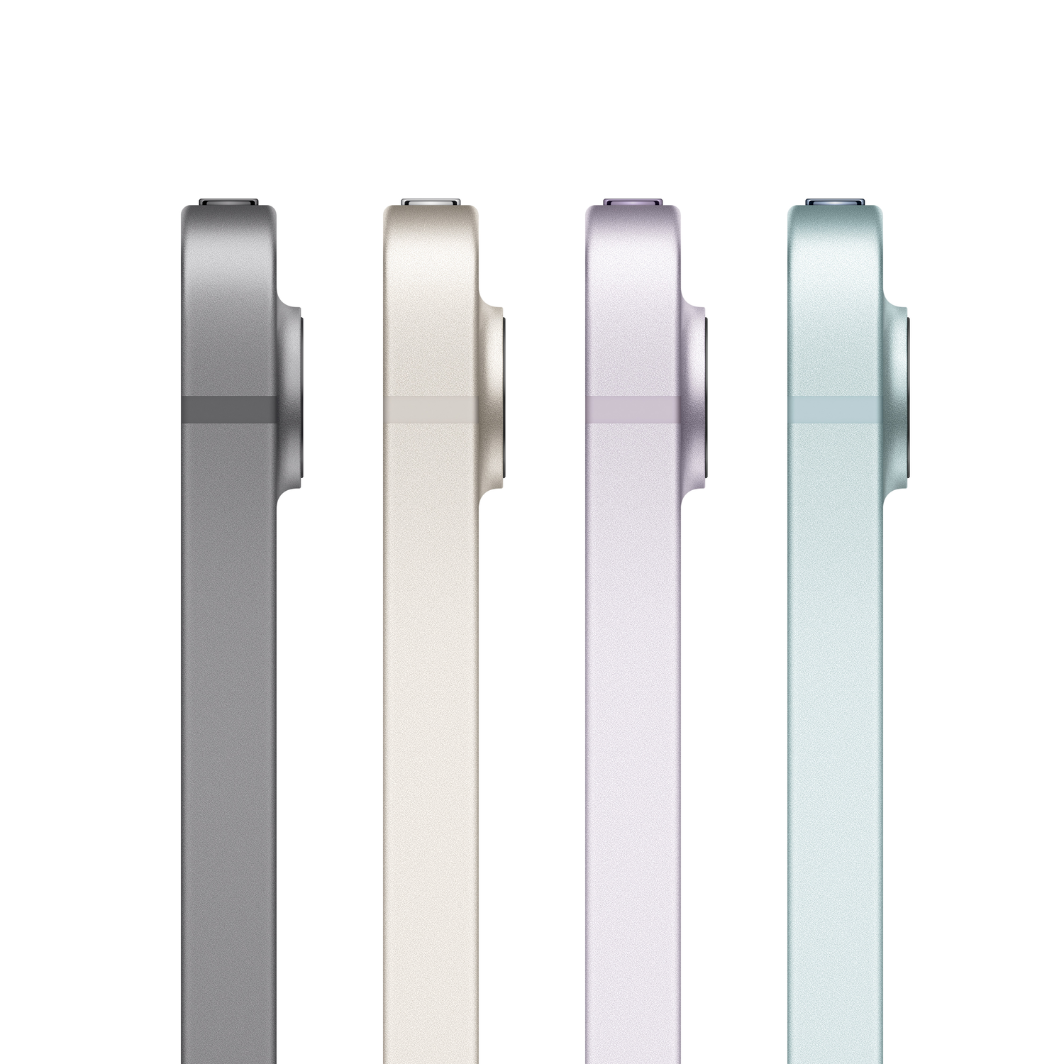 Four tablets, side view, in different colors: gray, cream, lavender, and light green.