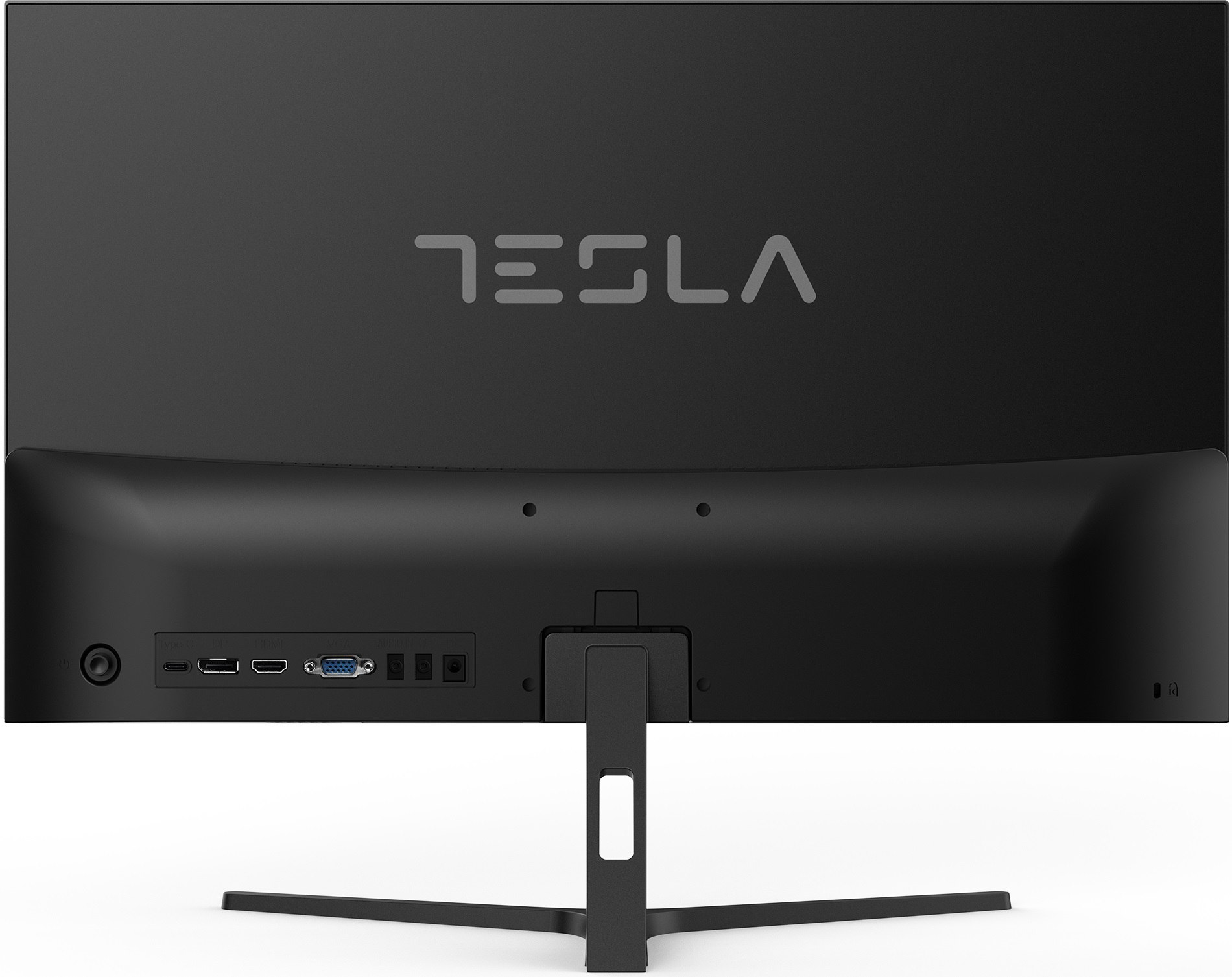 Egy fekete Tesla monitor. A monitor hátulja csatlakozókkal és a Tesla logóval.