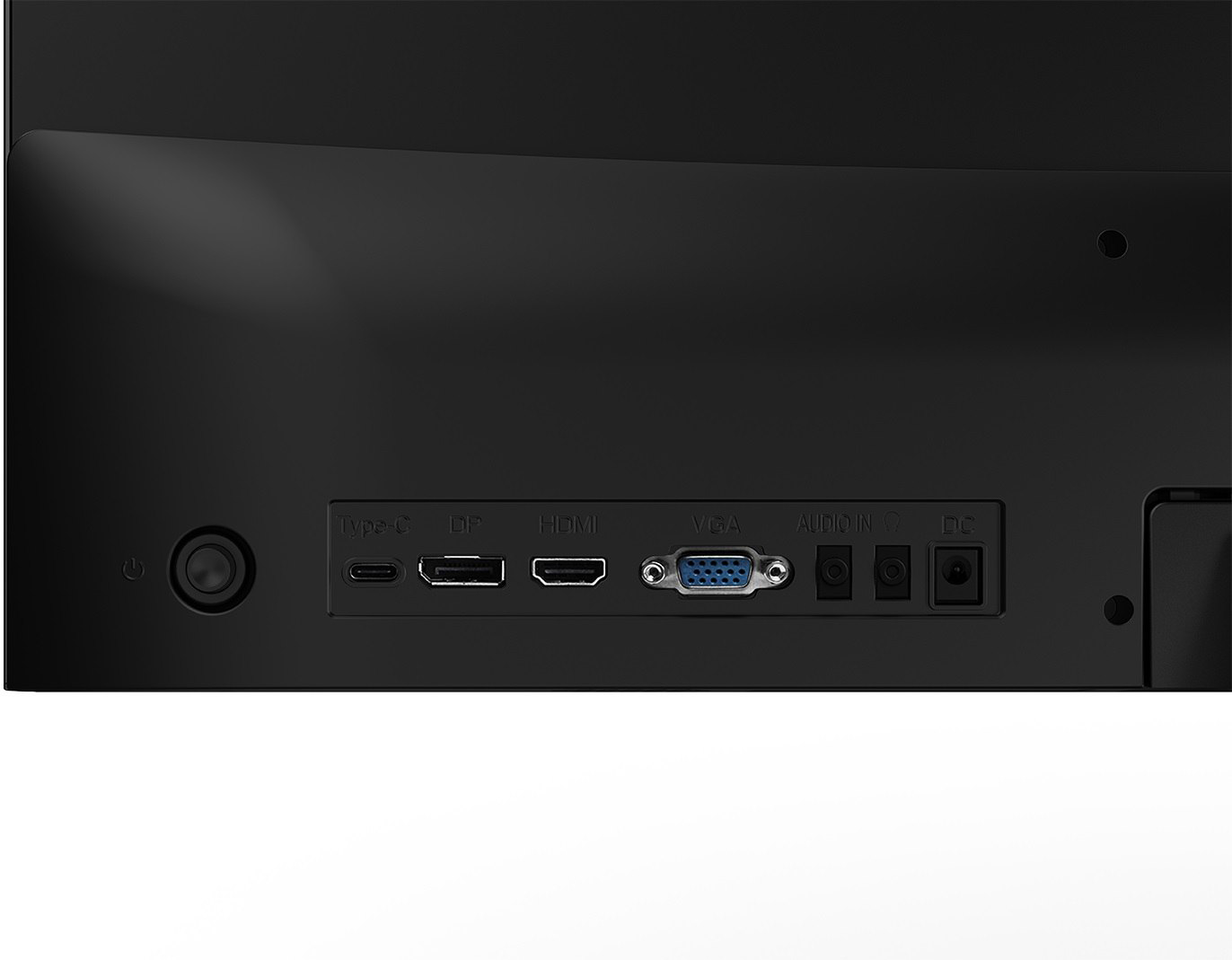 Fekete monitor hátulnézete, amely a Type-C, DP, HDMI, VGA, audio és DC portokat mutatja.