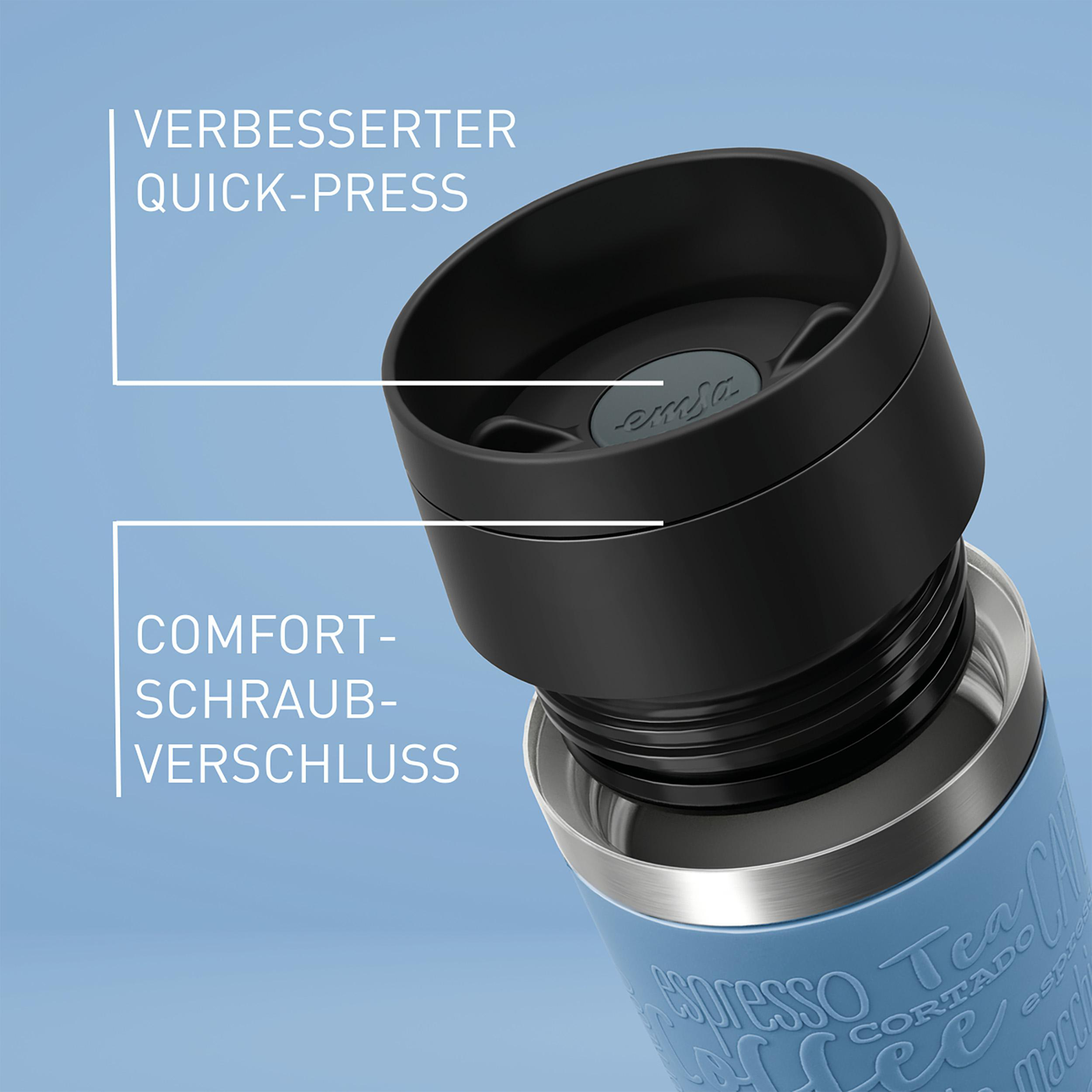 Eine blaue Thermoskanne mit schwarzem Deckel, beschriftet mit Text und weißen Pfeilen.