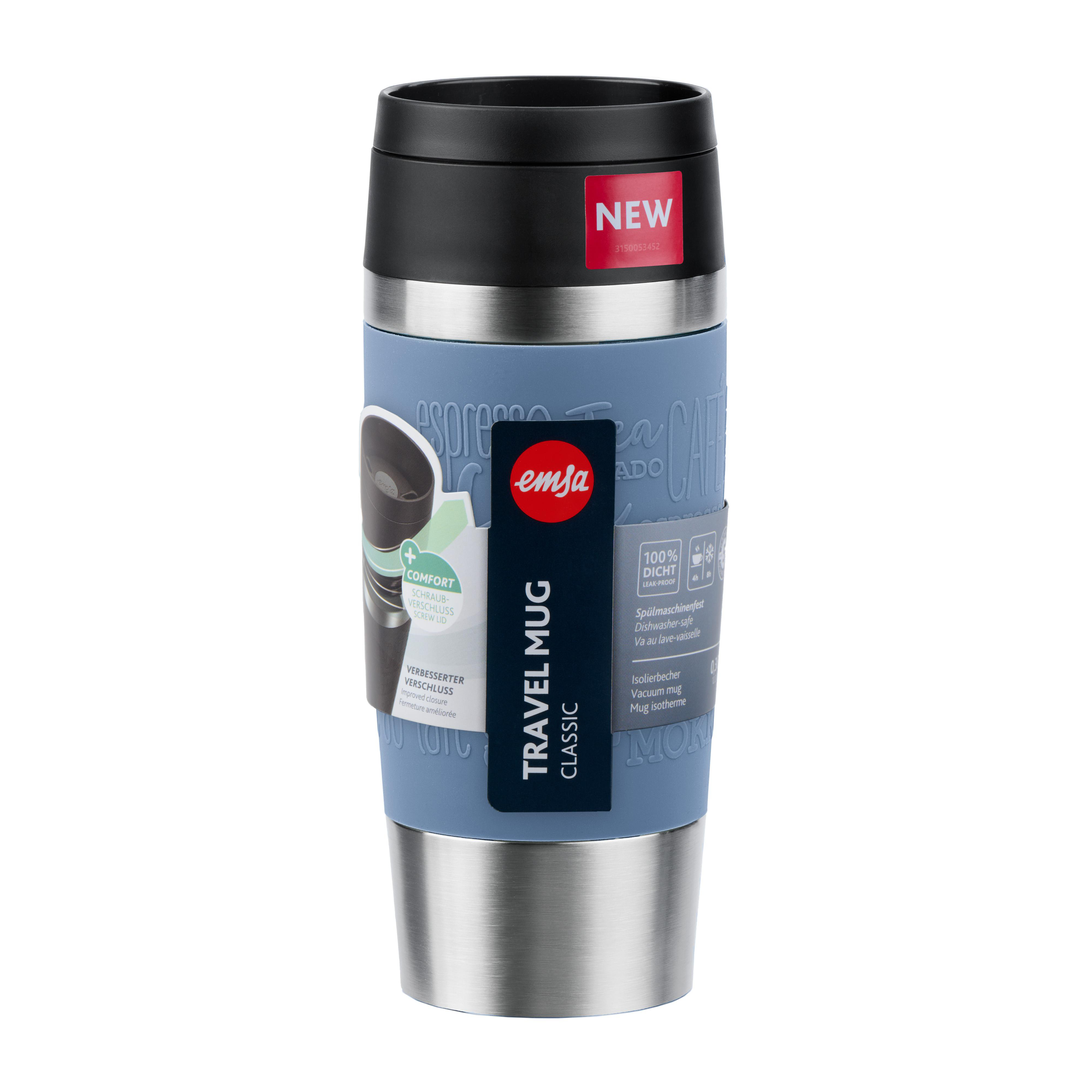 Emsa-Reisebecher mit blauem Band, schwarzem Deckel und weißem Hintergrund.