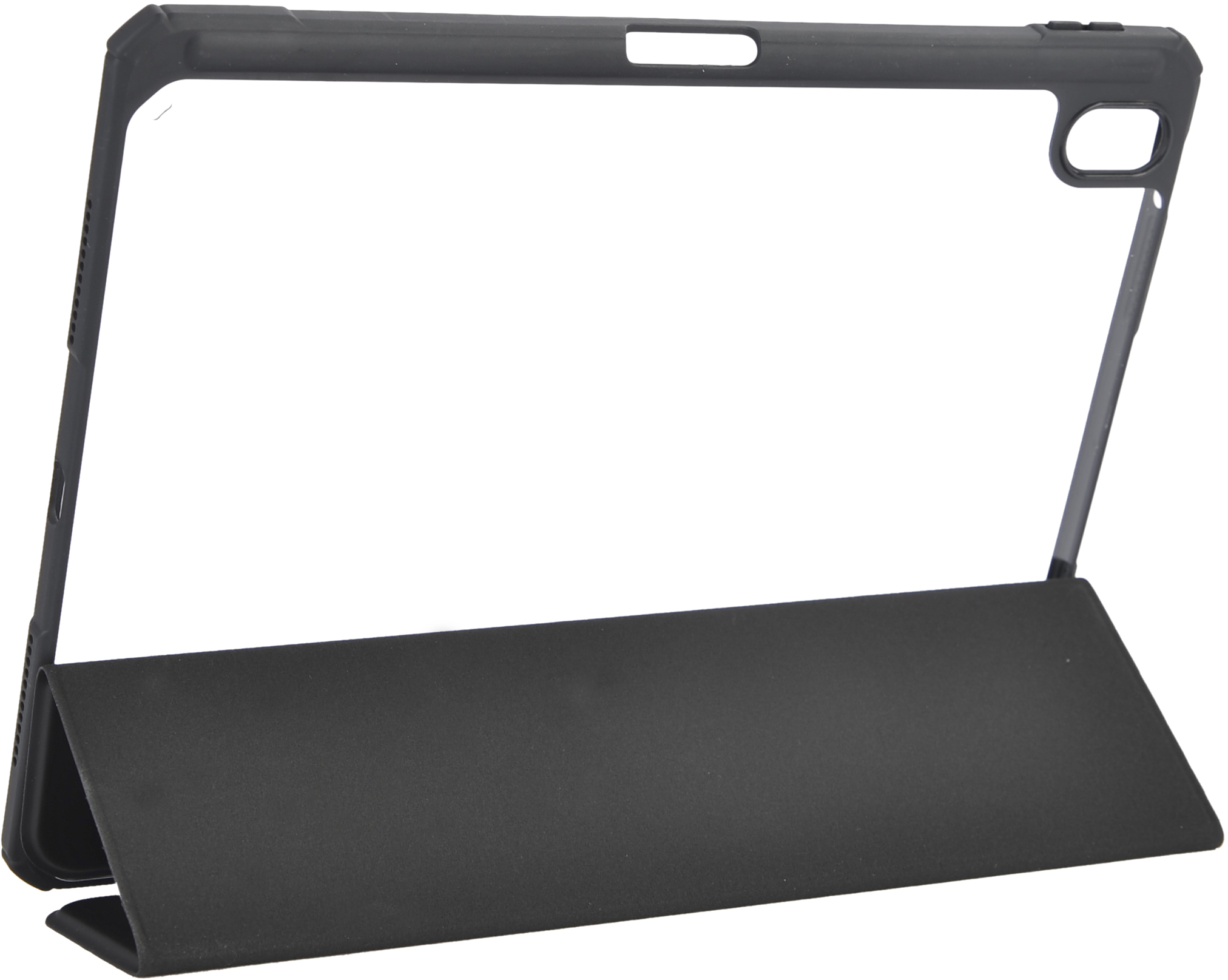 Eine schwarze Tablet-Hülle mit transparentem Deckel. Der Deckel ist zum Aufstellen zurückgeklappt.