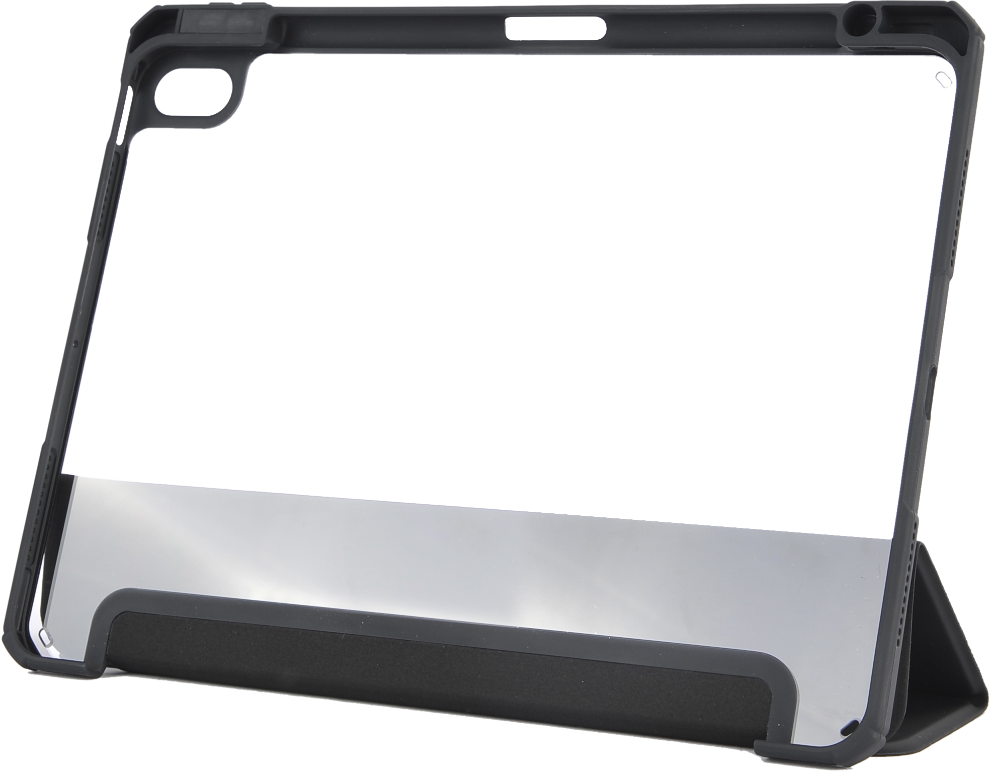 Ein iPad in einer schwarzen Hülle mit transparentem Cover, auf weißem Hintergrund.