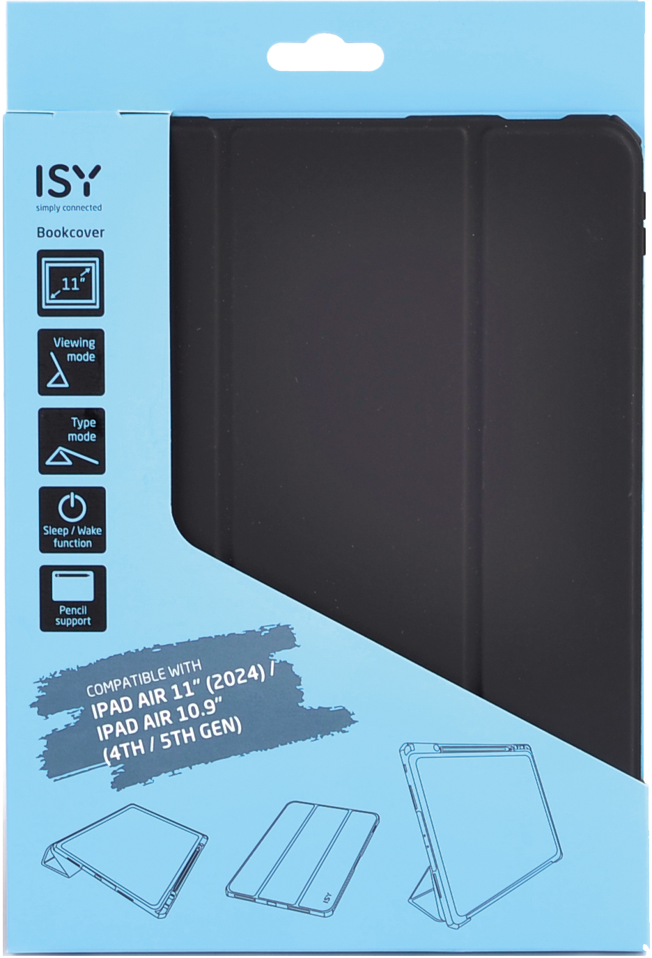 Eine blaue Box mit schwarzer iPad-Hülle, Text und Symbolen, die Funktionen bewerben.