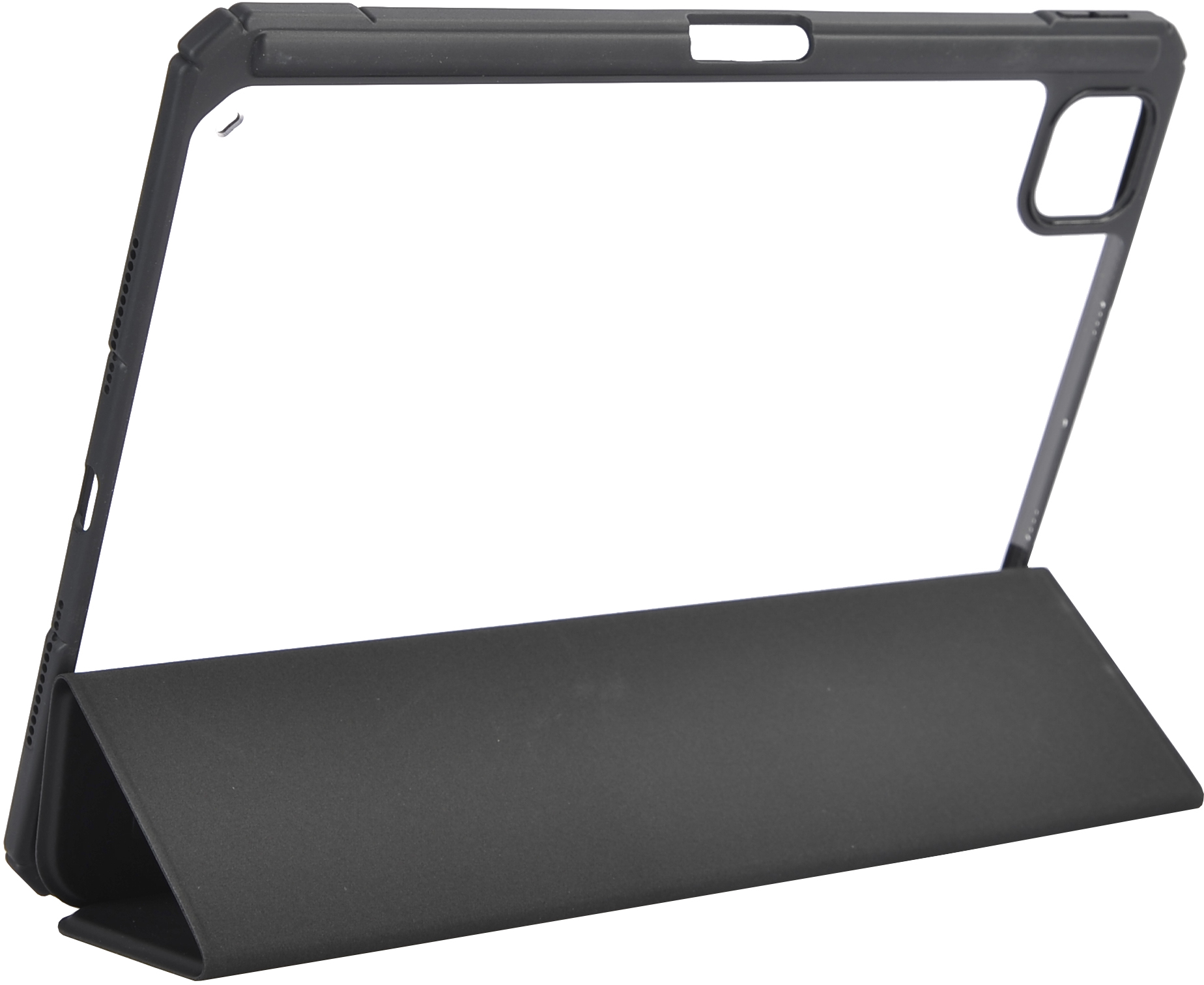 Custodia nera per tablet, aperta e piegata. La custodia è trasparente al centro, mostrando il tablet.