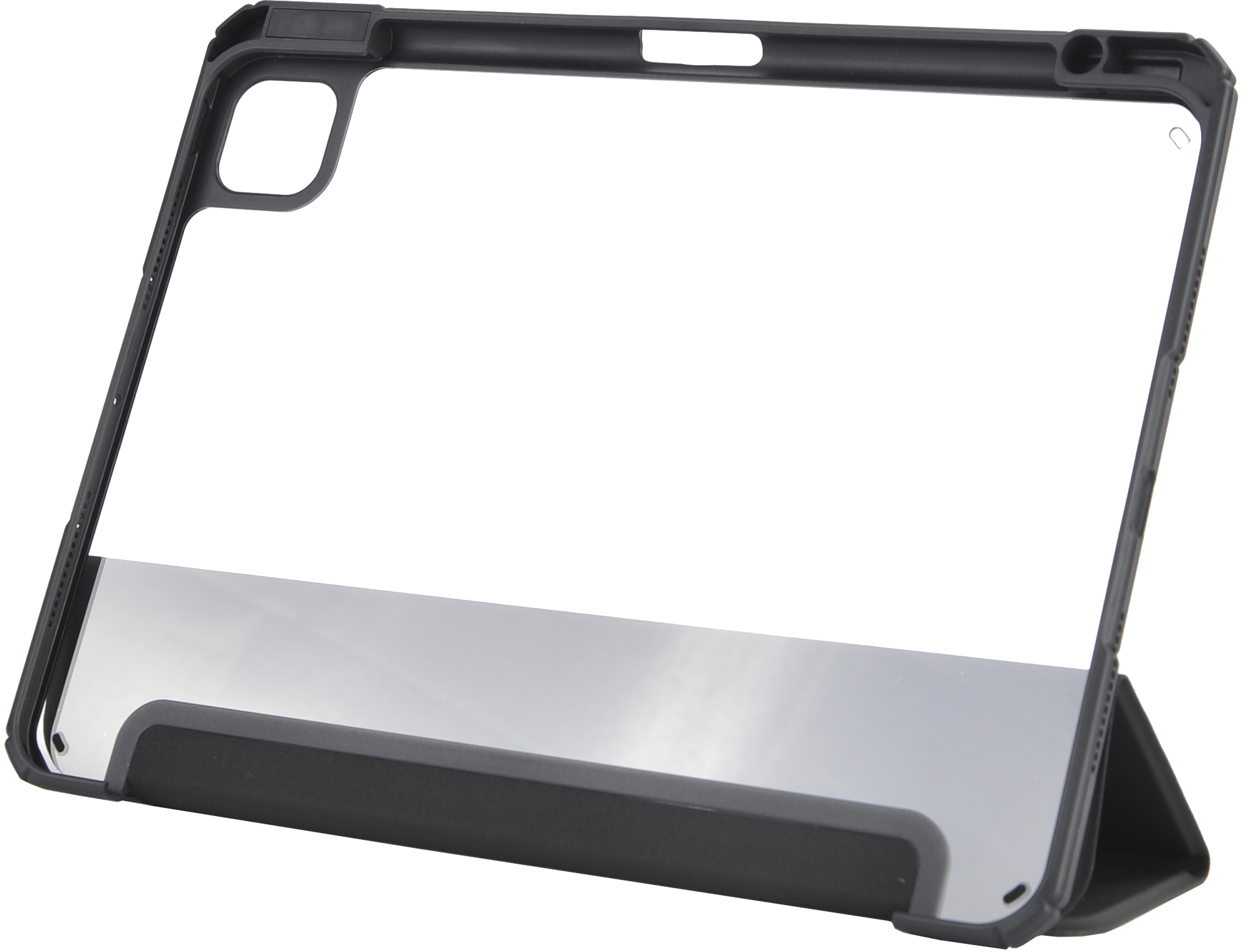Una custodia nera per tablet, con una copertura frontale trasparente e un supporto.