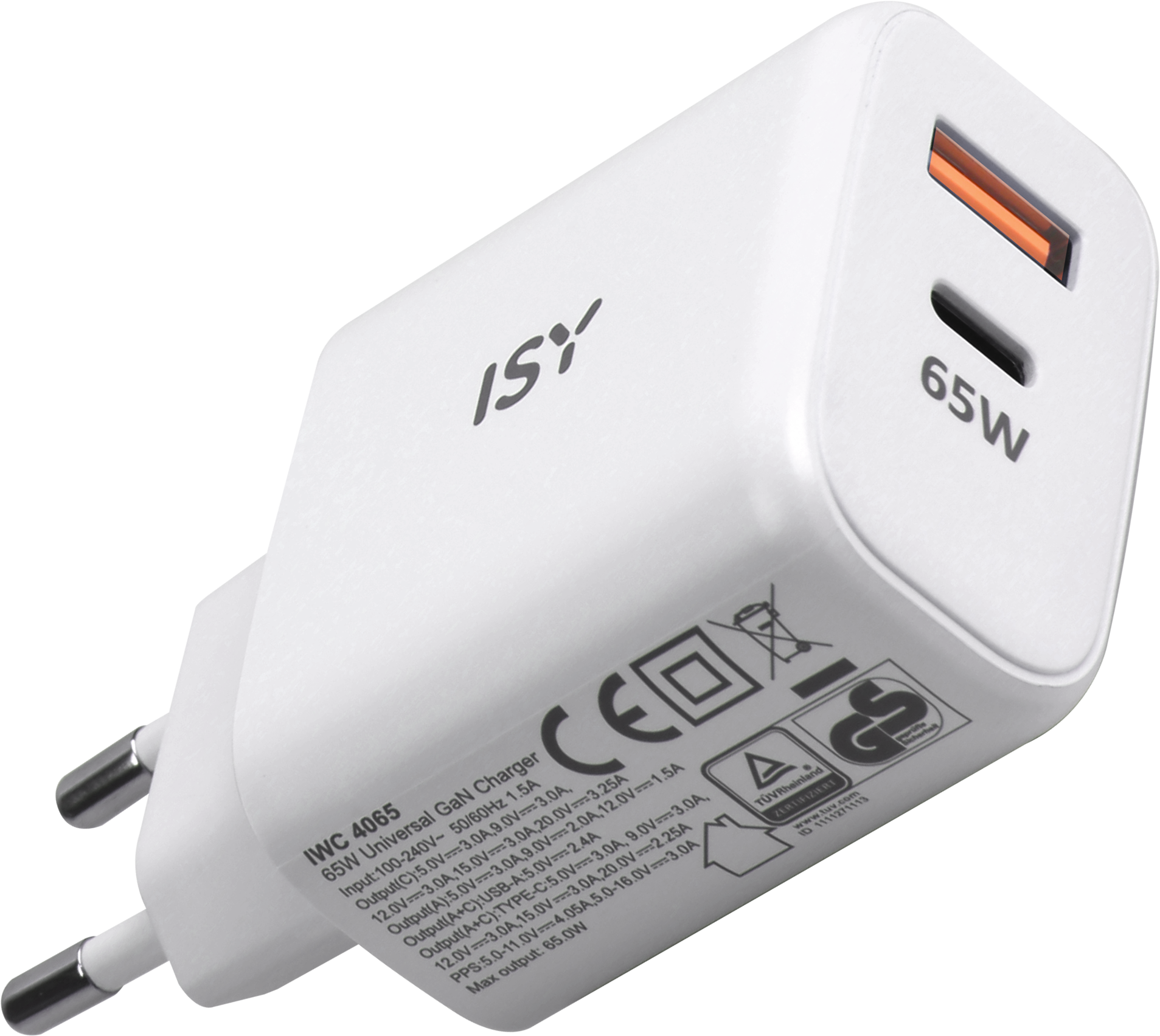 Caricatore bianco da 65W con due porte, con testo e loghi sul dispositivo.
