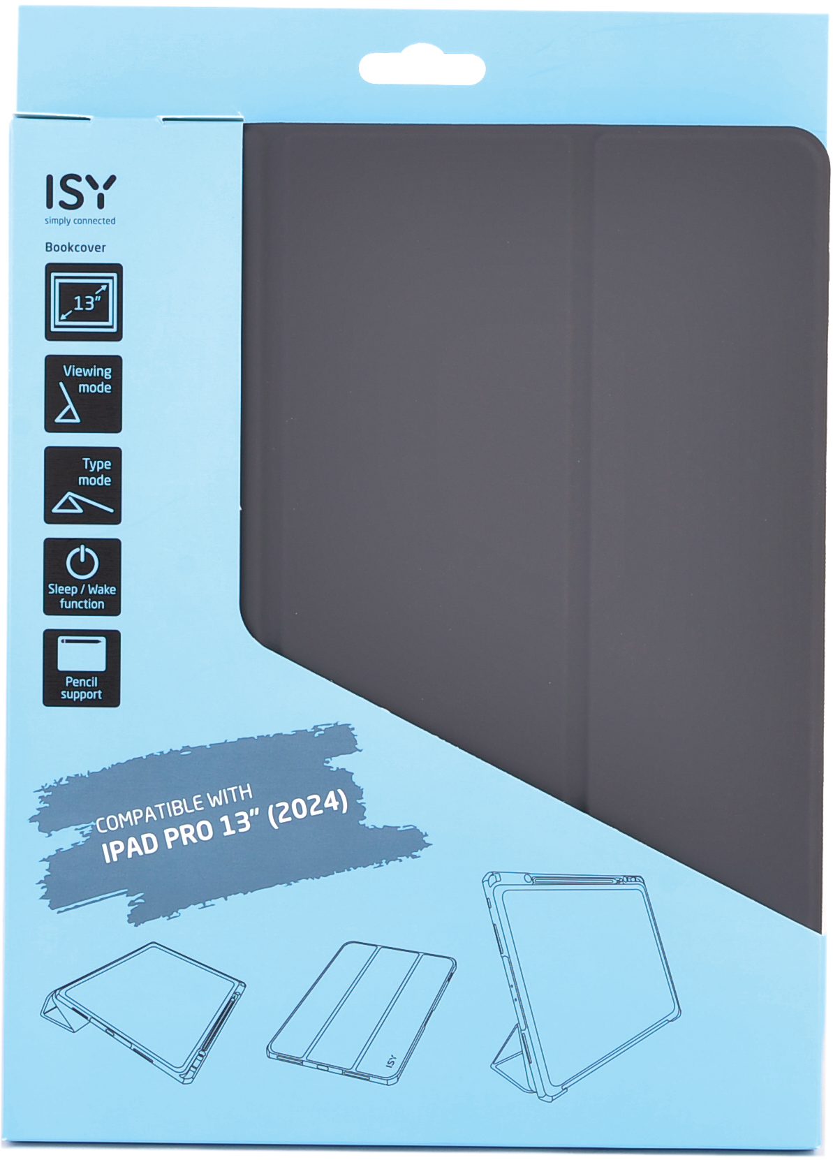 Una scatola per custodia a libro ISY iPad Pro 13" (2024) blu e bianca con illustrazioni del prodotto.