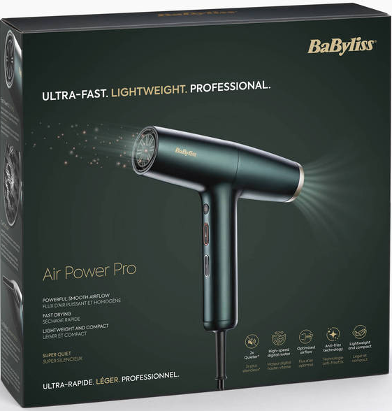 Ein Babyliss Air Power Pro Haartrockner in einer Box mit Text und Design.