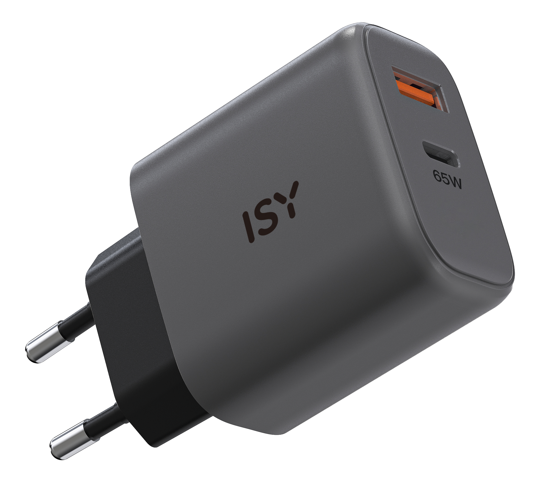 Caricatore da muro ISY grigio scuro con porta USB-C ed etichetta 65W su sfondo scuro.