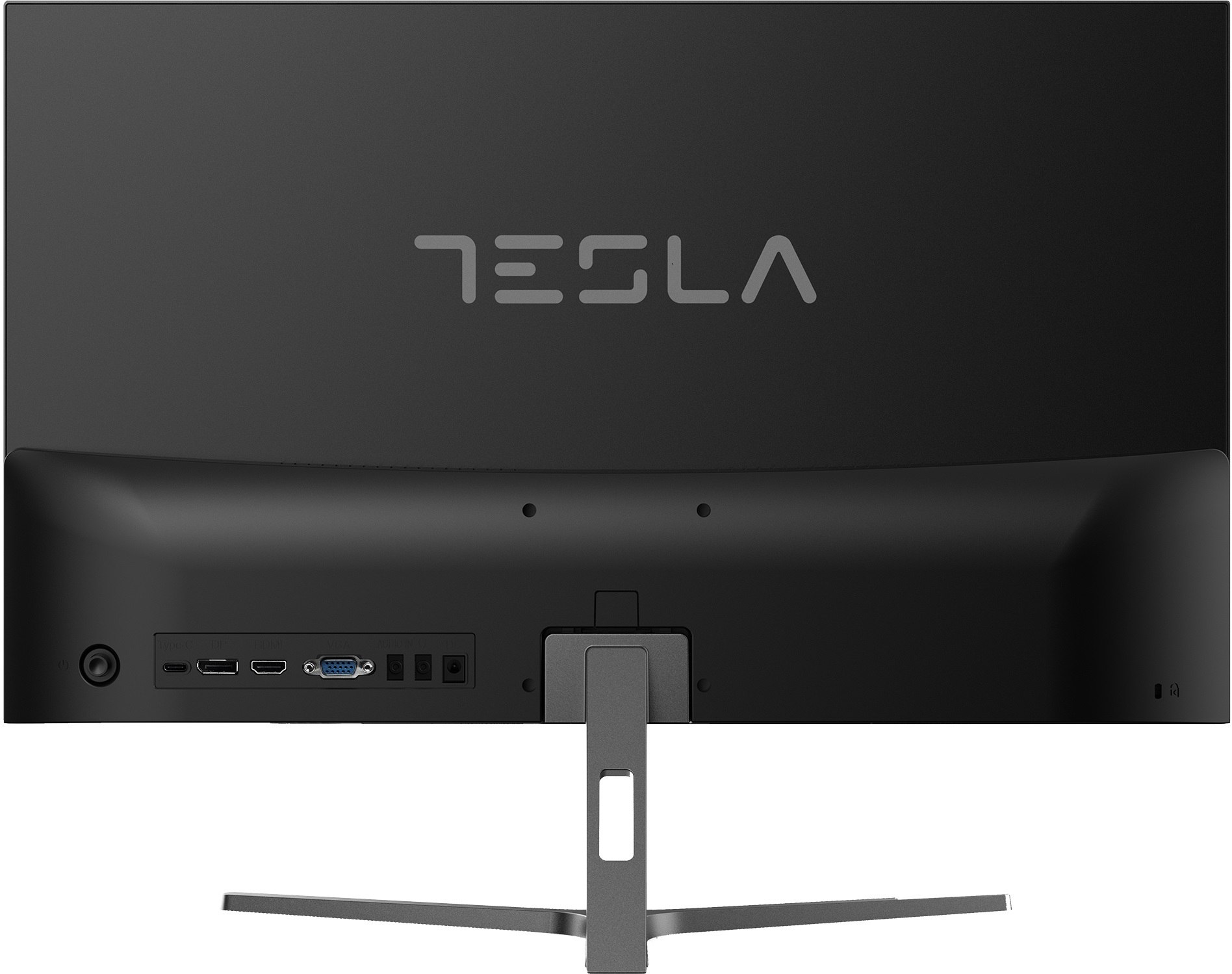 Fekete Tesla monitor hátulnézet, portokkal és állvánnyal, fehér háttérrel.