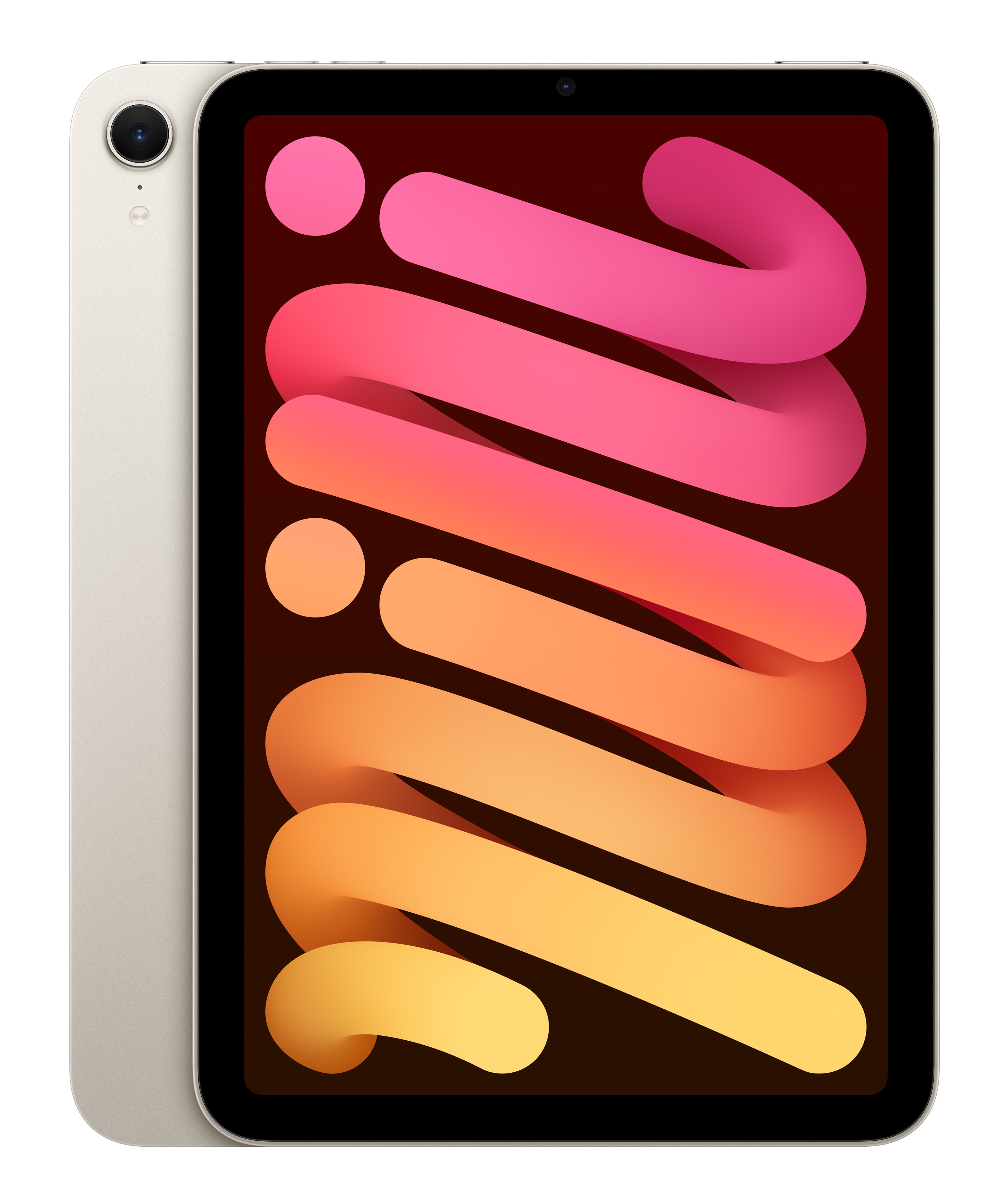 Kremowy iPad mini. Tył kremowy z aparatem, a przód ma kolorowy wyświetlacz.