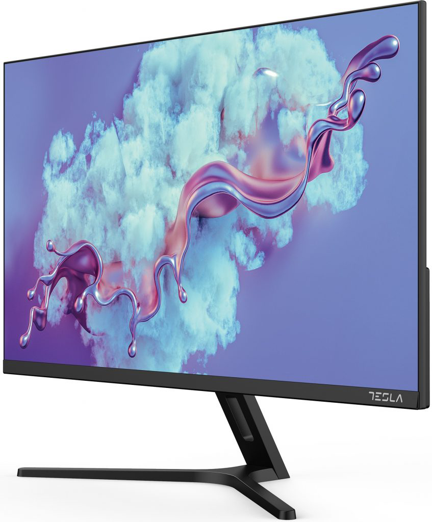 Fekete Tesla monitor, absztrakt festékhatású kijelzővel, fekete állvánnyal.