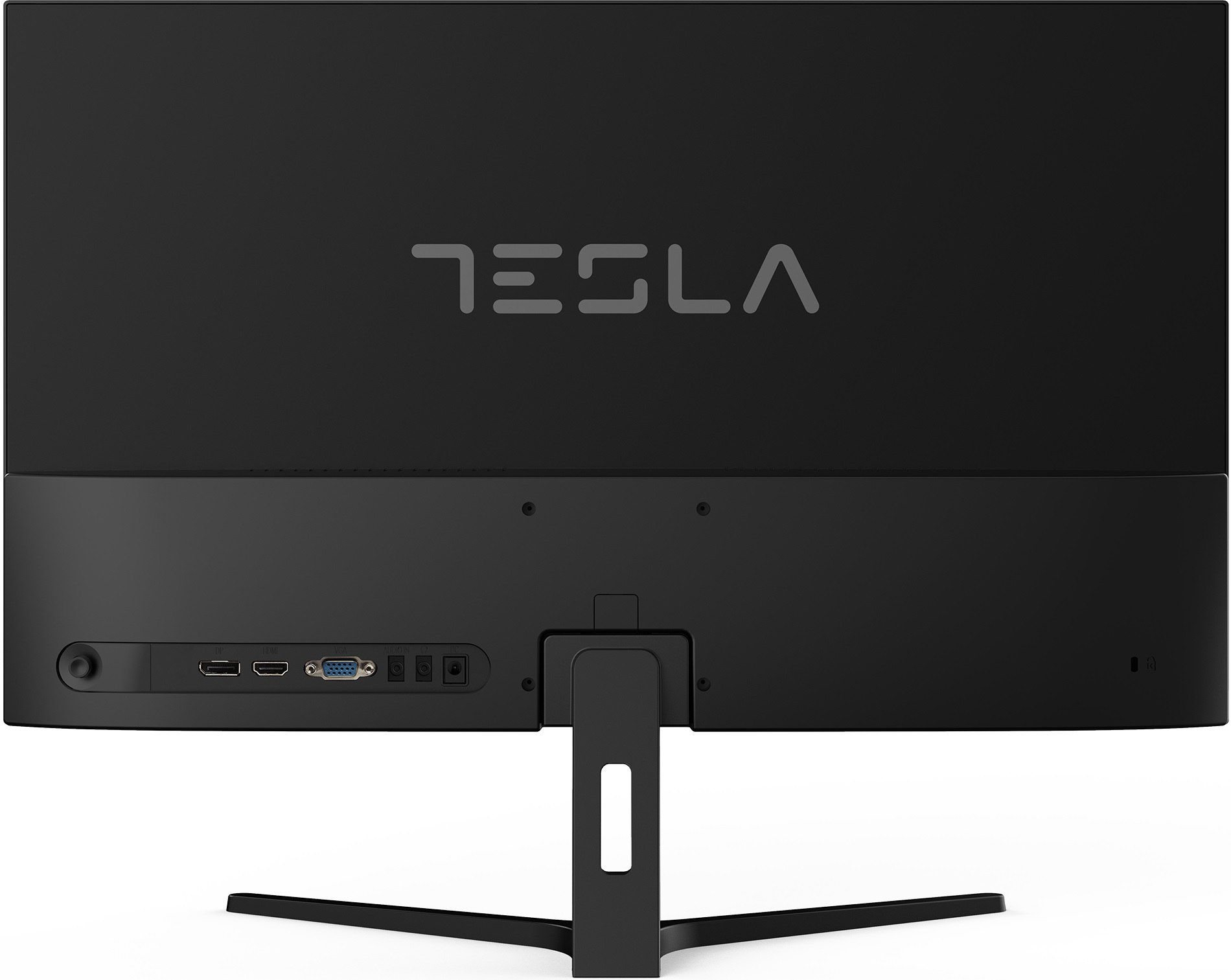 Fekete Tesla monitor hátulról, logóval felül, portokkal alul.