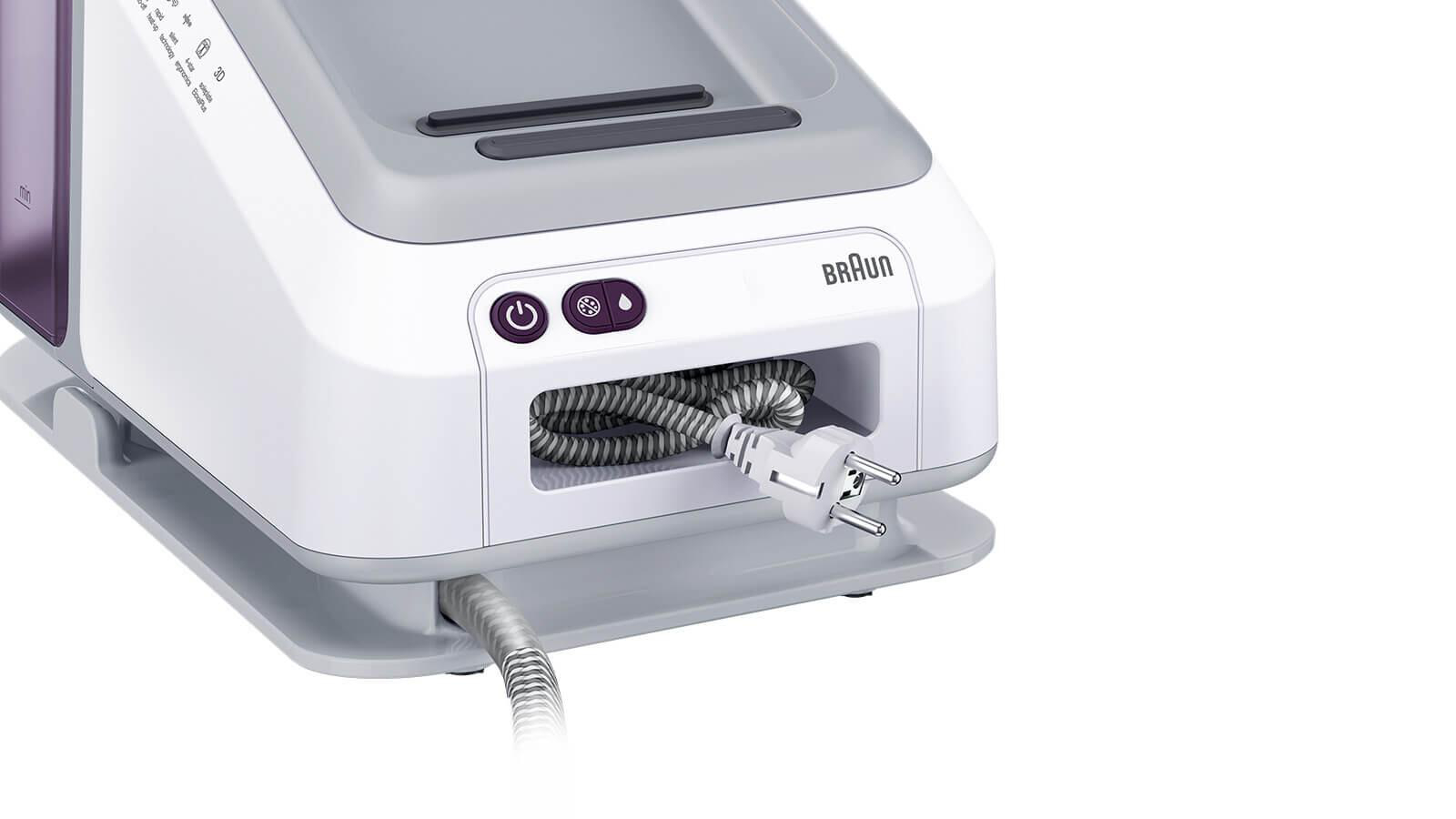 Braun Dampfbügeleisen mit Stecker und Kabel. Weiß-graue Basis, lila Akzent.