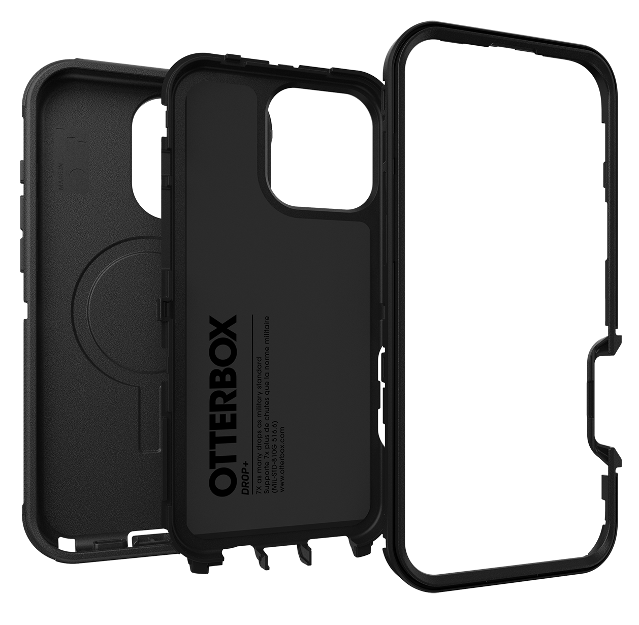 Fekete Otterbox telefontok három részben. A tok nyitott, a belső és külső darabokat mutatja.