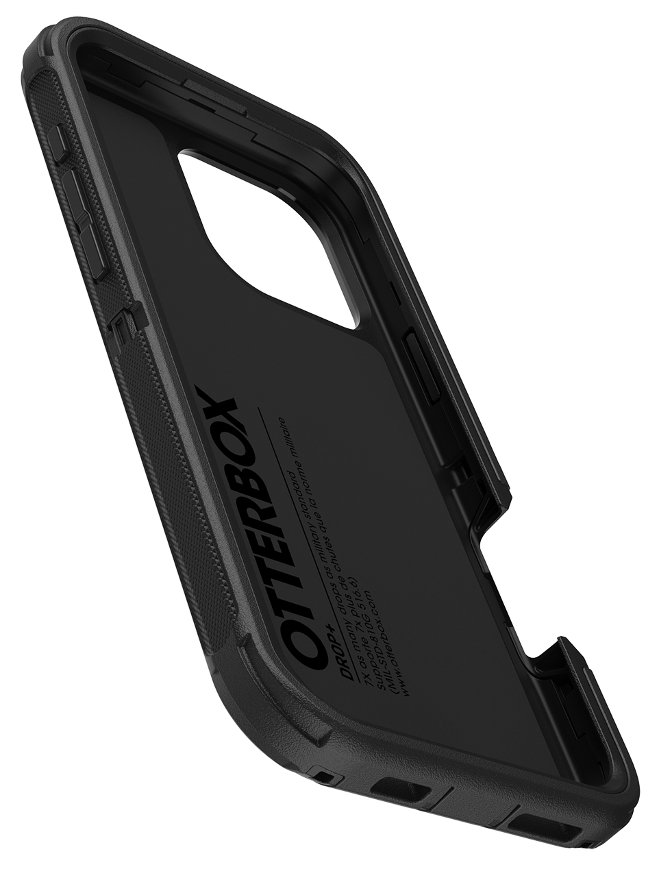 Fekete Otterbox telefontok, szögből, a belső részletek és az Otterbox logó látható.
