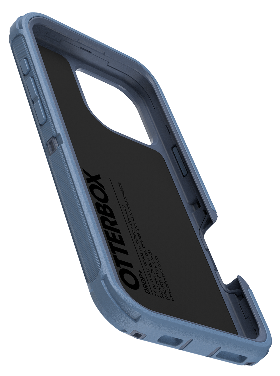 Egy kék Otterbox telefontok, belső és külső textúrát mutatva.