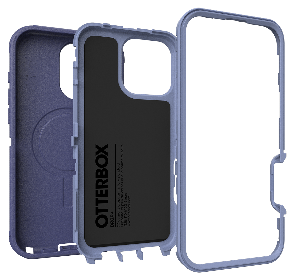 Egy kék Otterbox tok három része látható, a belső részletekkel.