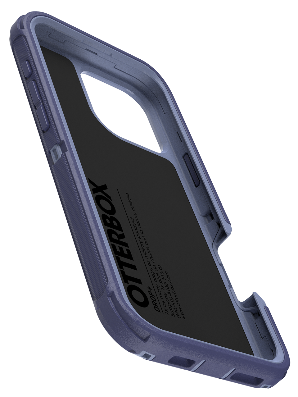 Egy sötétkék Otterbox telefontok, nyitva, mutatja a belsejét és az Otterbox logót.