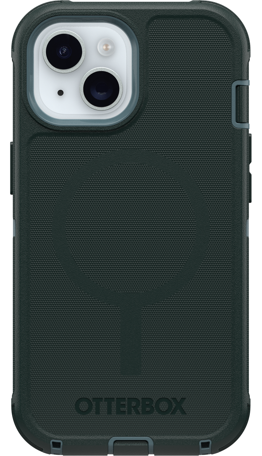 OtterBox sötétzöld telefontok fekete kameradudorral és kör alakú dizájnnal a hátoldalon.