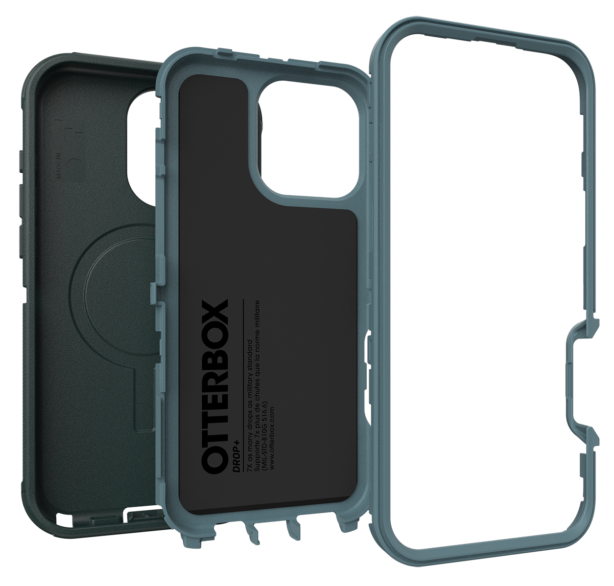 Otterbox telefontok, türkiz és fekete, nyitott tok, a belsejét mutatva.
