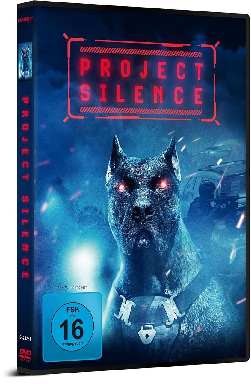 DVD-Hülle mit einem Hund mit roten Augen auf dem Cover. Titel ist Project Silence.