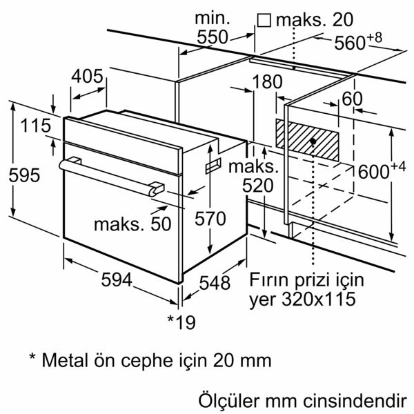 Fırının teknik çizimi, milimetre cinsinden ölçüler ve özelliklerle.