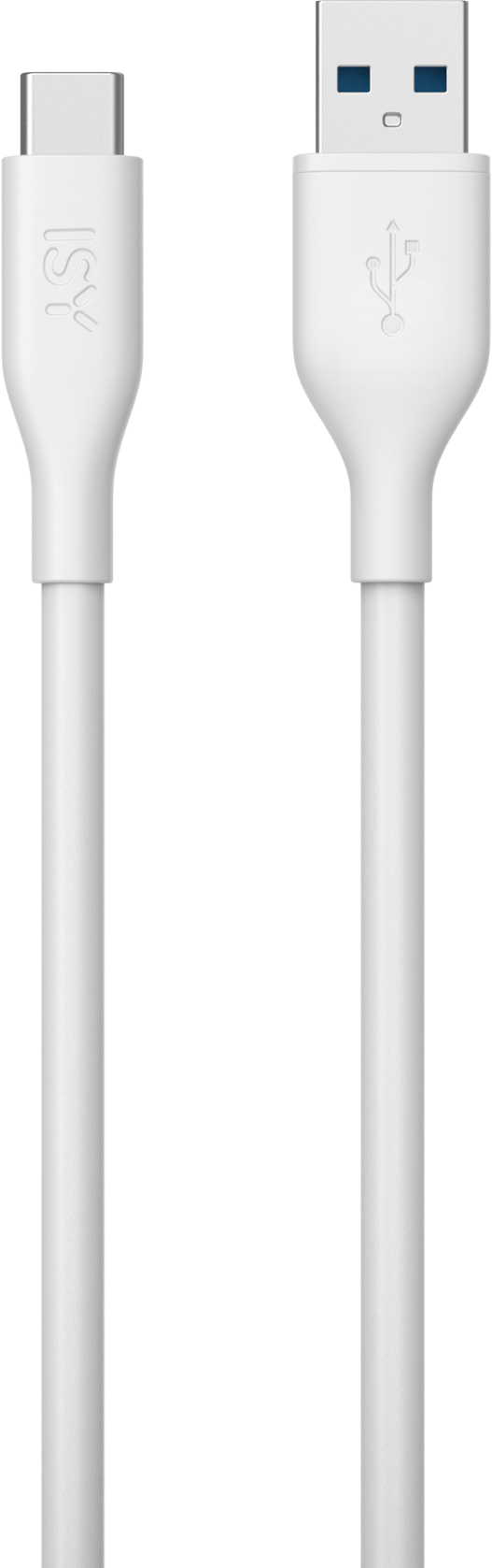 Ein weißes USB-C-zu-USB-A-Kabel, mit einem USB-C-Ende links und einem USB-A-Ende rechts.