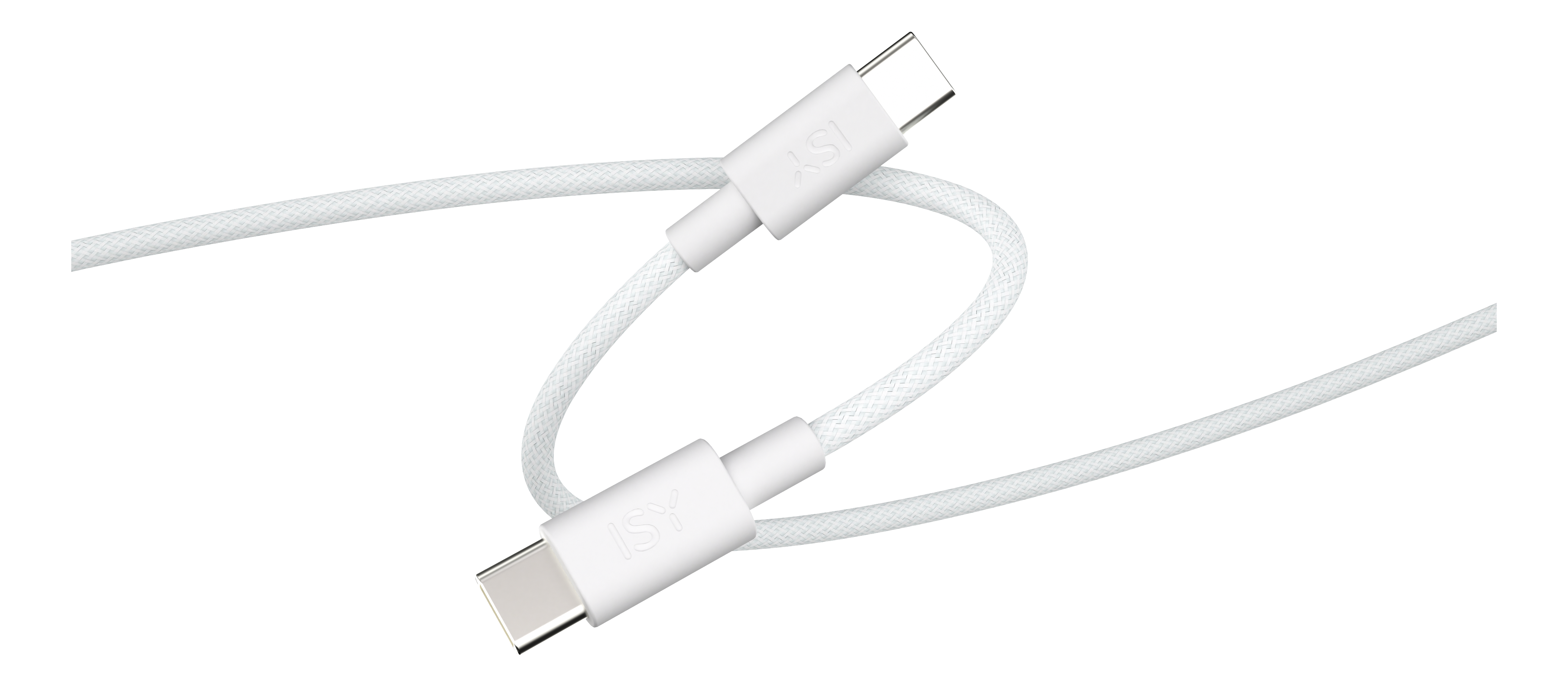 Deux câbles USB-C blancs, incurvés, avec les connecteurs visibles.
