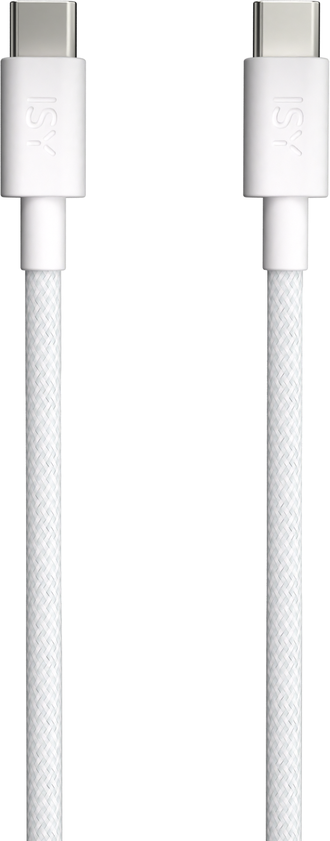 Câble de chargement USB-C blanc. Les deux extrémités portent le logo ISY imprimé.