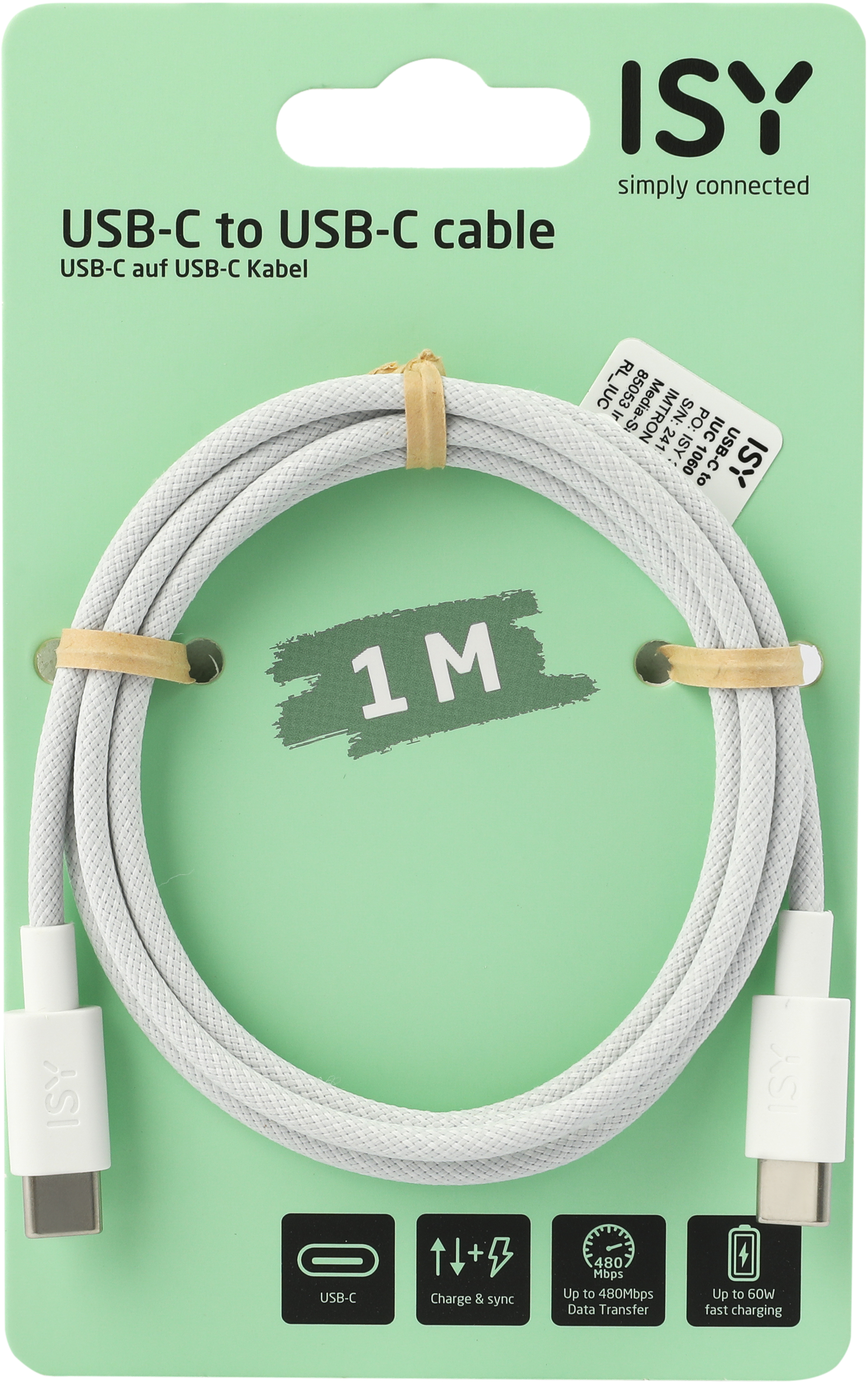Câble USB-C vers USB-C blanc, dans un emballage vert. Le câble est incurvé et maintenu par des élastiques.