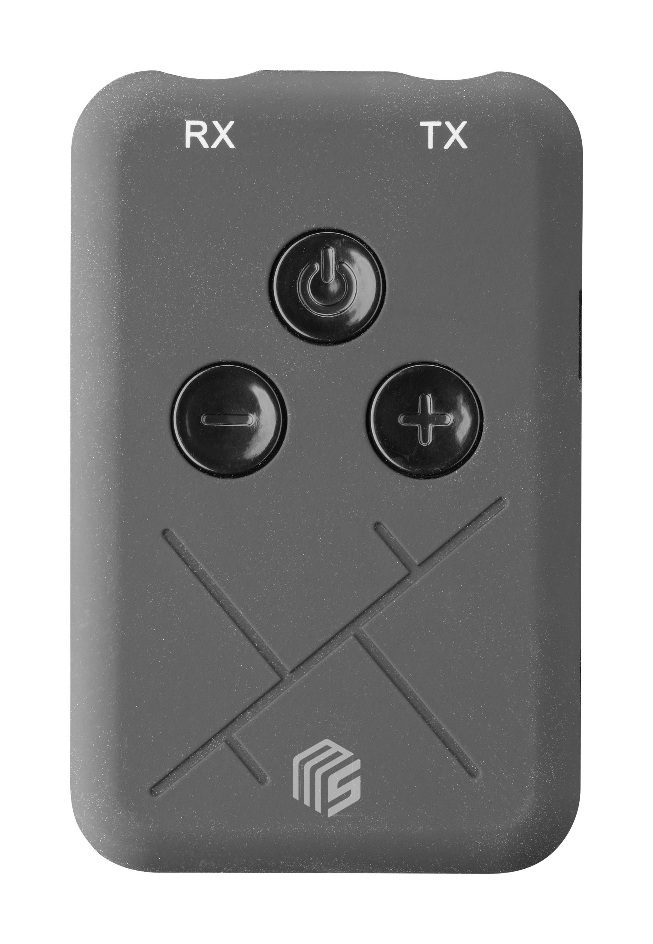 Düğmeler ve arayüz etiketleri olan gri bir Bluetooth alıcısı/vericisi cihazı.