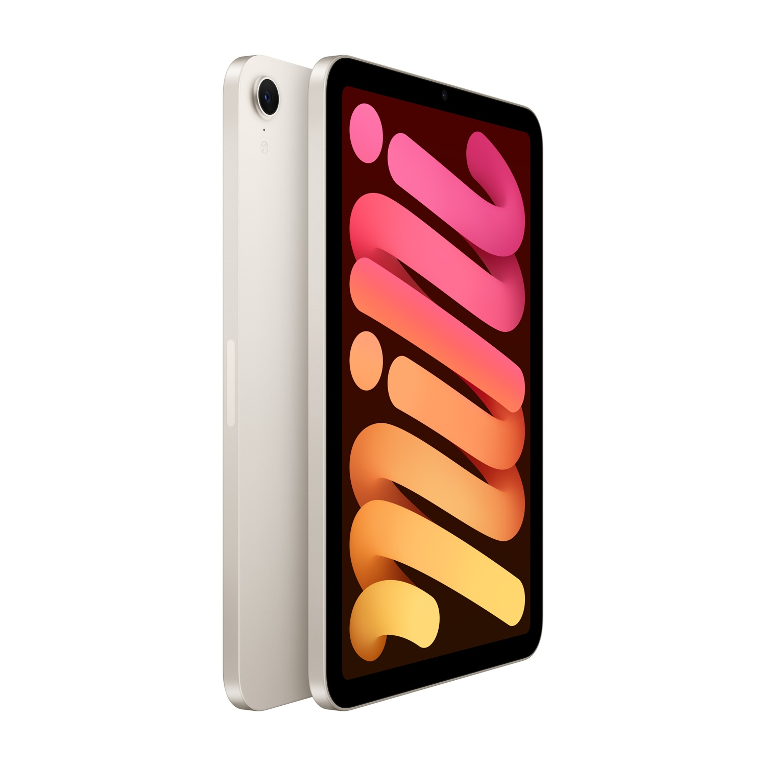 Un iPad Mini in bianco, che mostra il retro e lo schermo, con uno sfondo astratto colorato.