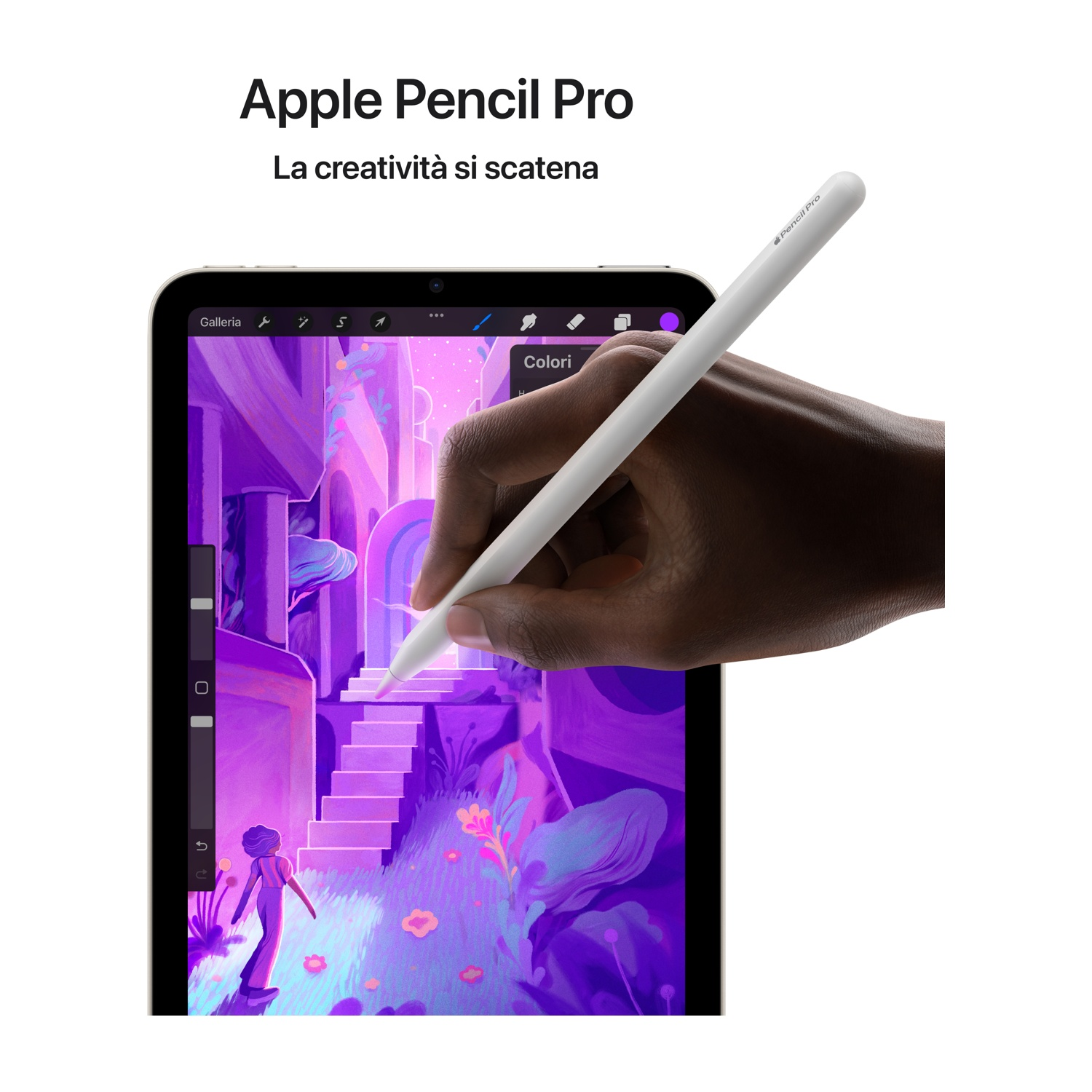 Una mano che usa un Apple Pencil Pro su un tablet, arte viola sullo schermo.