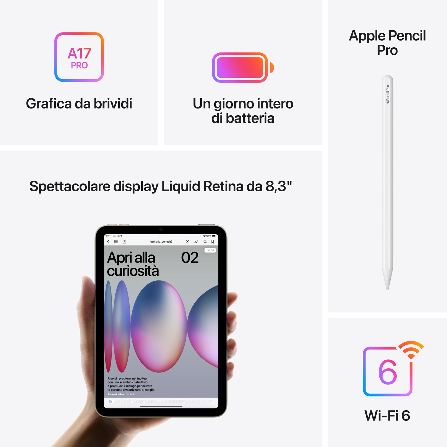 Un iPad Mini mostra un display. Sullo schermo sono mostrati dei testi, con l'Apple Pencil Pro a destra.