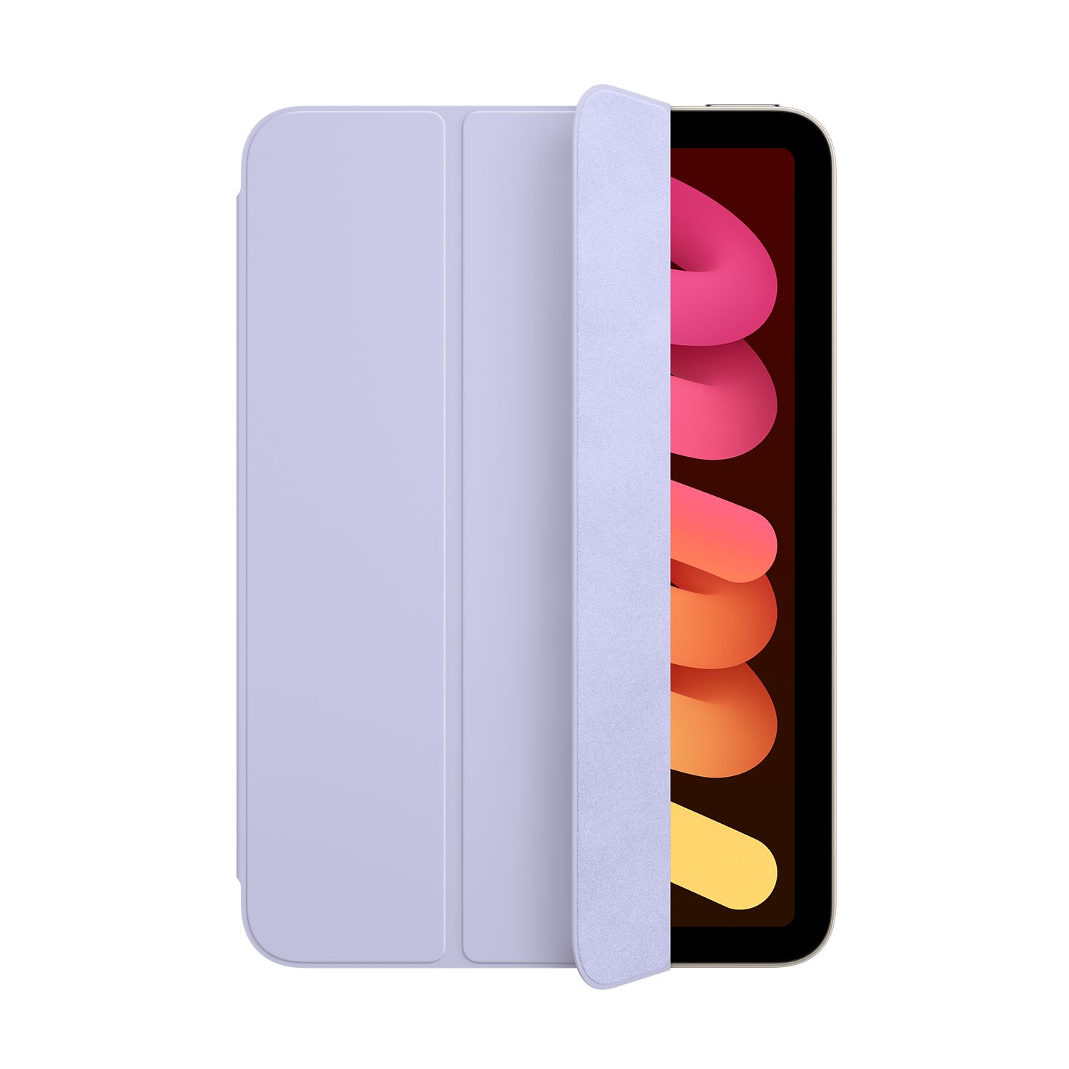 Una cover per iPad viola chiaro con la parte anteriore aperta per rivelare lo schermo di un iPad mini.