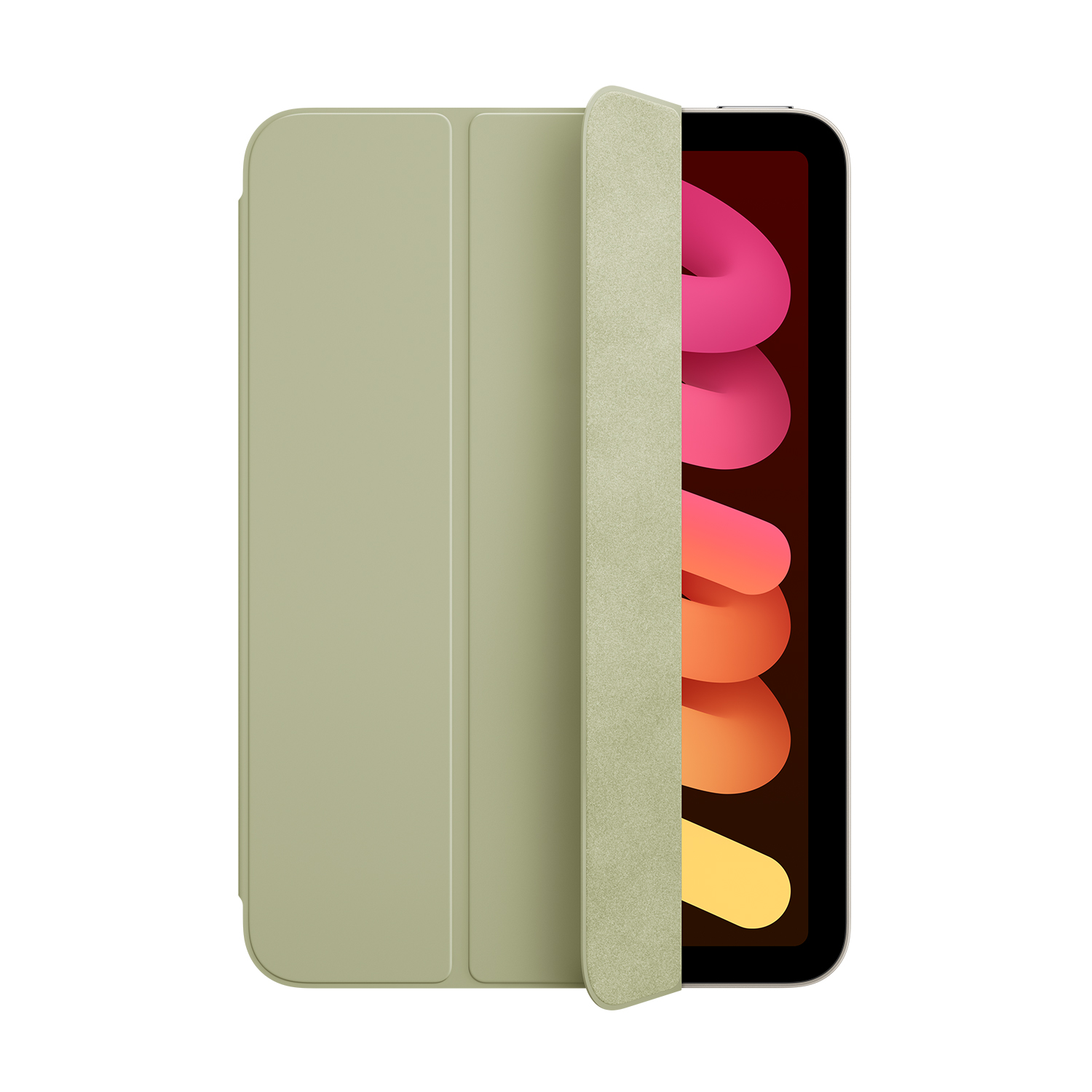 Custodia per tablet verde chiaro, parzialmente aperta. Display visibile, mostra immagine.