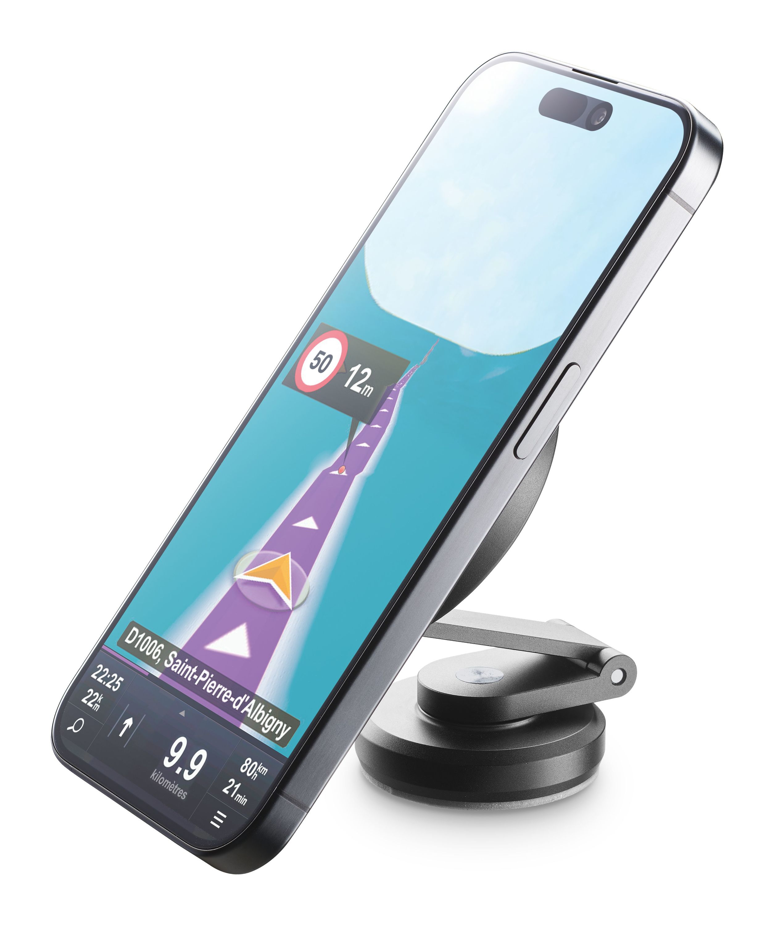Bir telefon, navigasyon uygulaması ekranını gösteren bir tutucuya takılı. Telefon izleyiciye doğru açılı.
